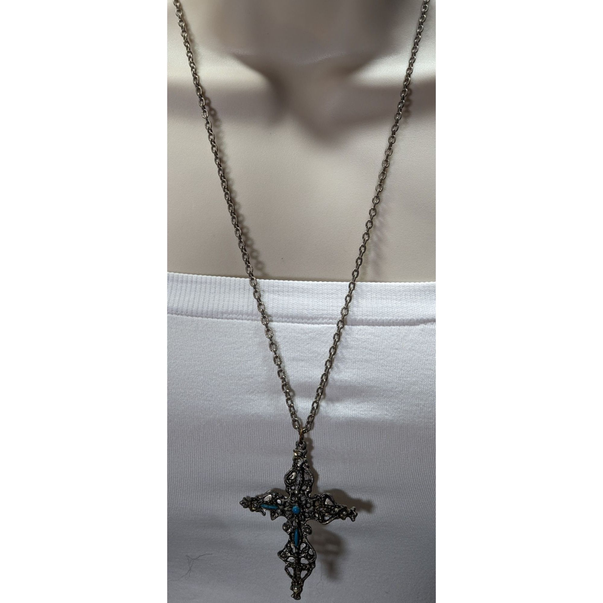 Other Vintage Gothic Ornate Silver Tone Cross Necklace With Blue S Size ONE SIZE - 3 Thumbnail