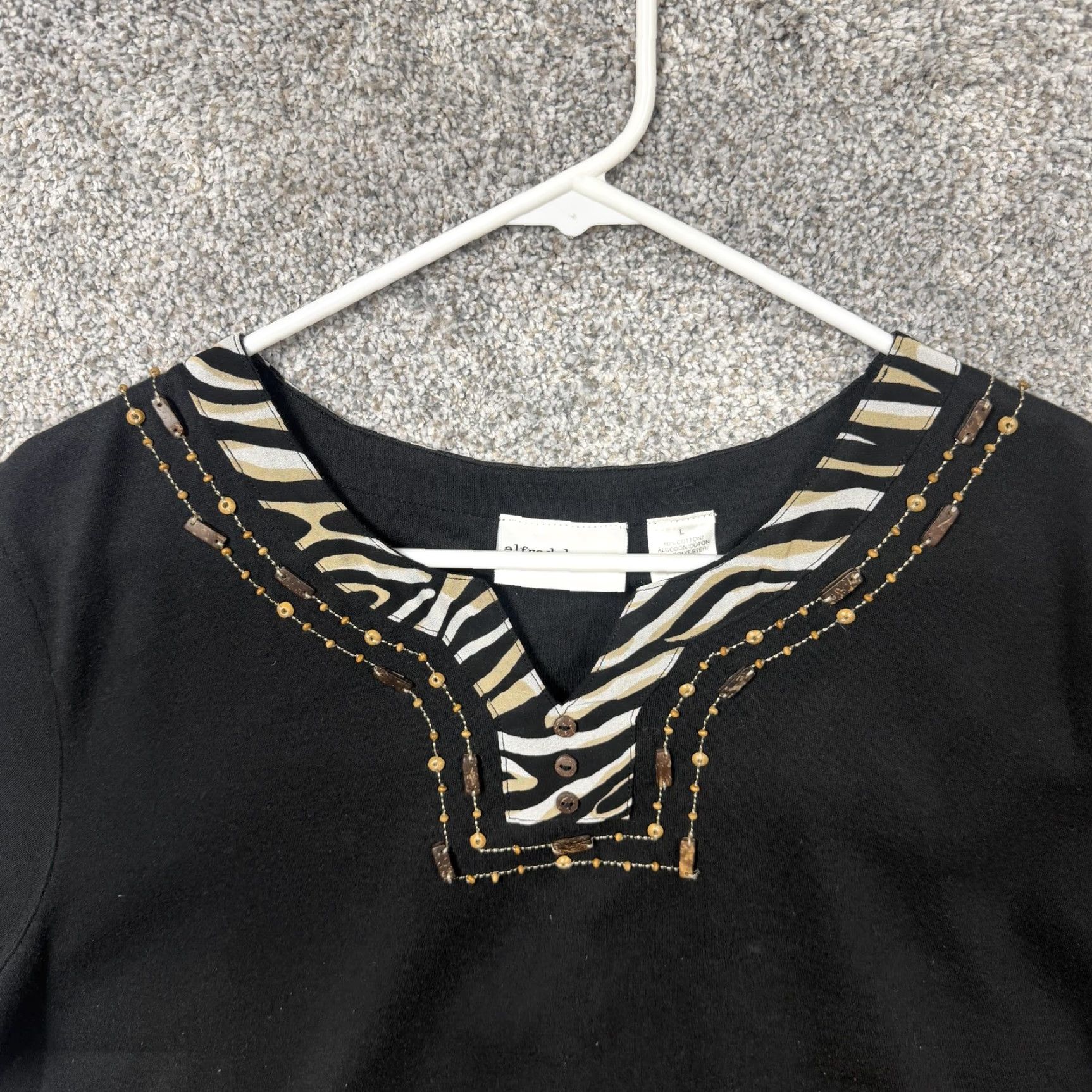 Vintage Alfred Dunner Top Womens L Black Zebra Print Beaded Studded V-Neck Safari Boho Shirt Size L / US 10 / IT 46 - 5 Thumbnail
