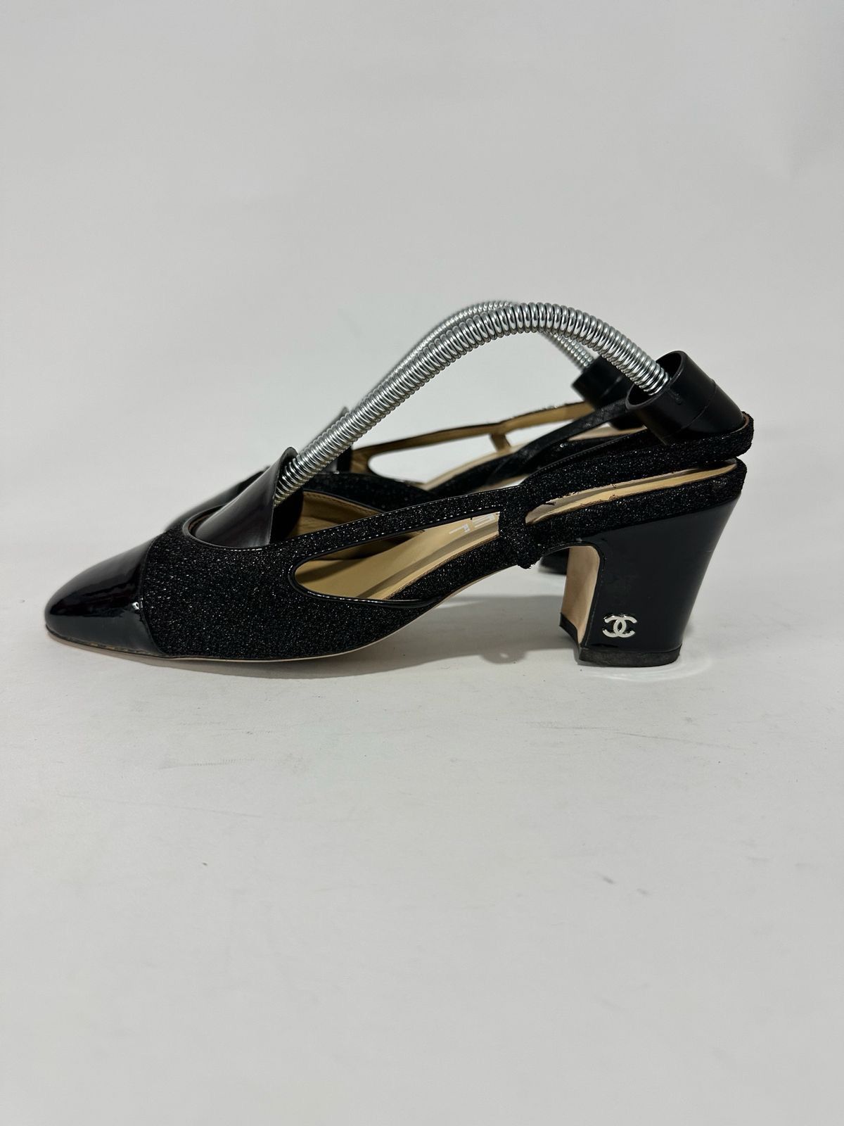 Chanel Chanel Black Glitter Fabric Leather Cap Toe Block Heel EU37 Size US 7 / IT 37 - 1 Thumbnail