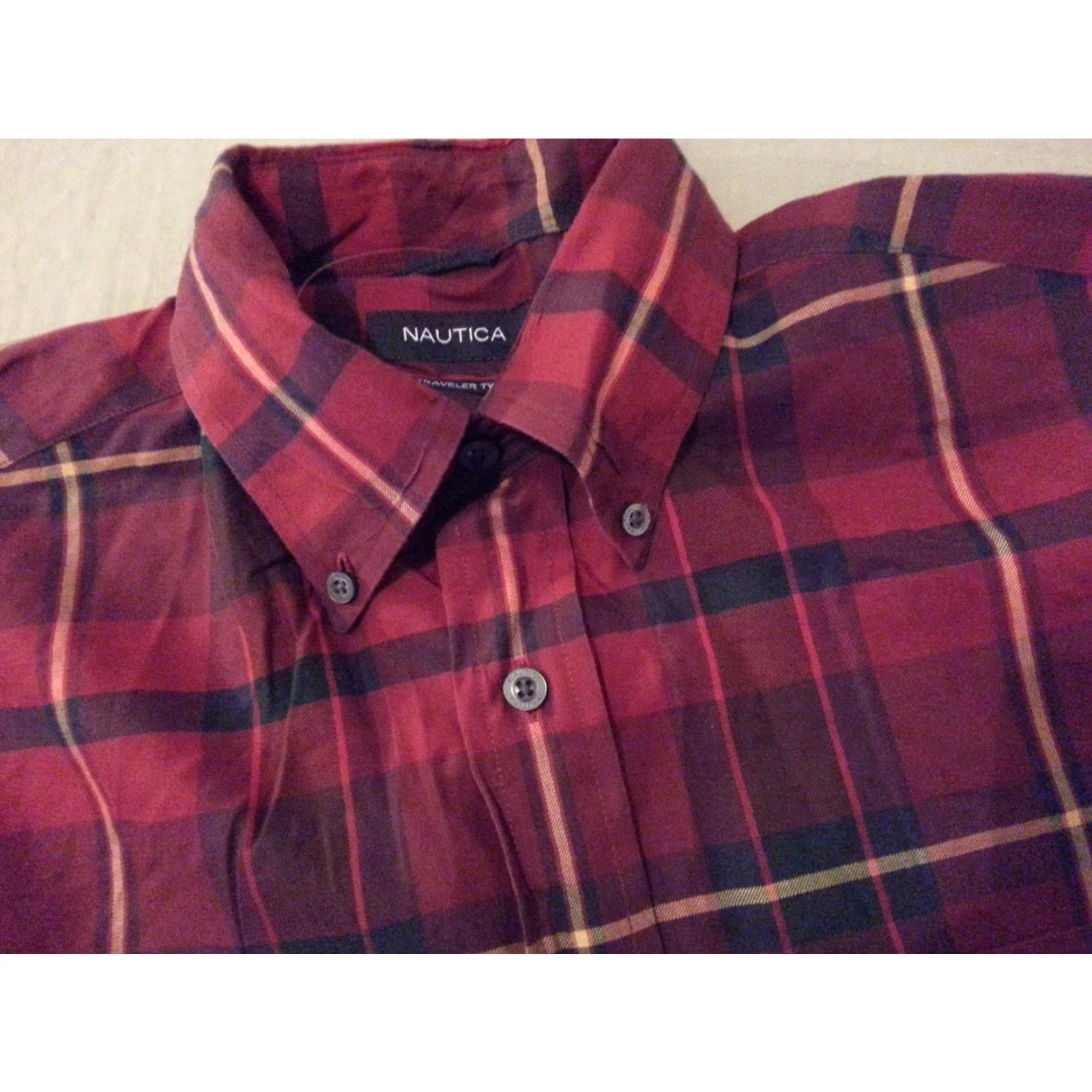 Nautica Nautica Dress Shirt M Medium Red Plaid Cotton Long Sleeve Mens Shirt Size 40R - 4 Thumbnail