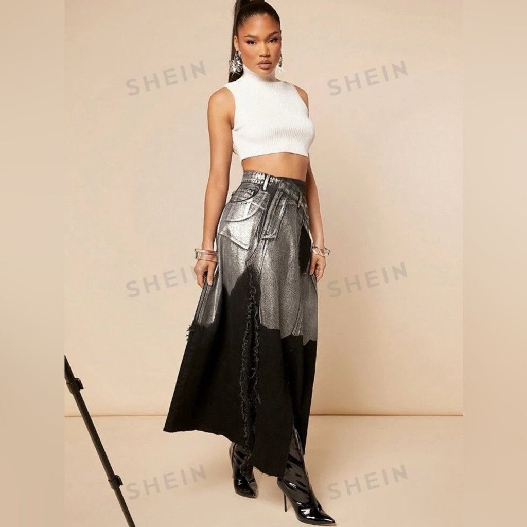 Other Ripped Asymmetrical Hem Denim Skirt Black & Silver Size 8 Size 30" / US 8 / IT 44 - 7 Thumbnail