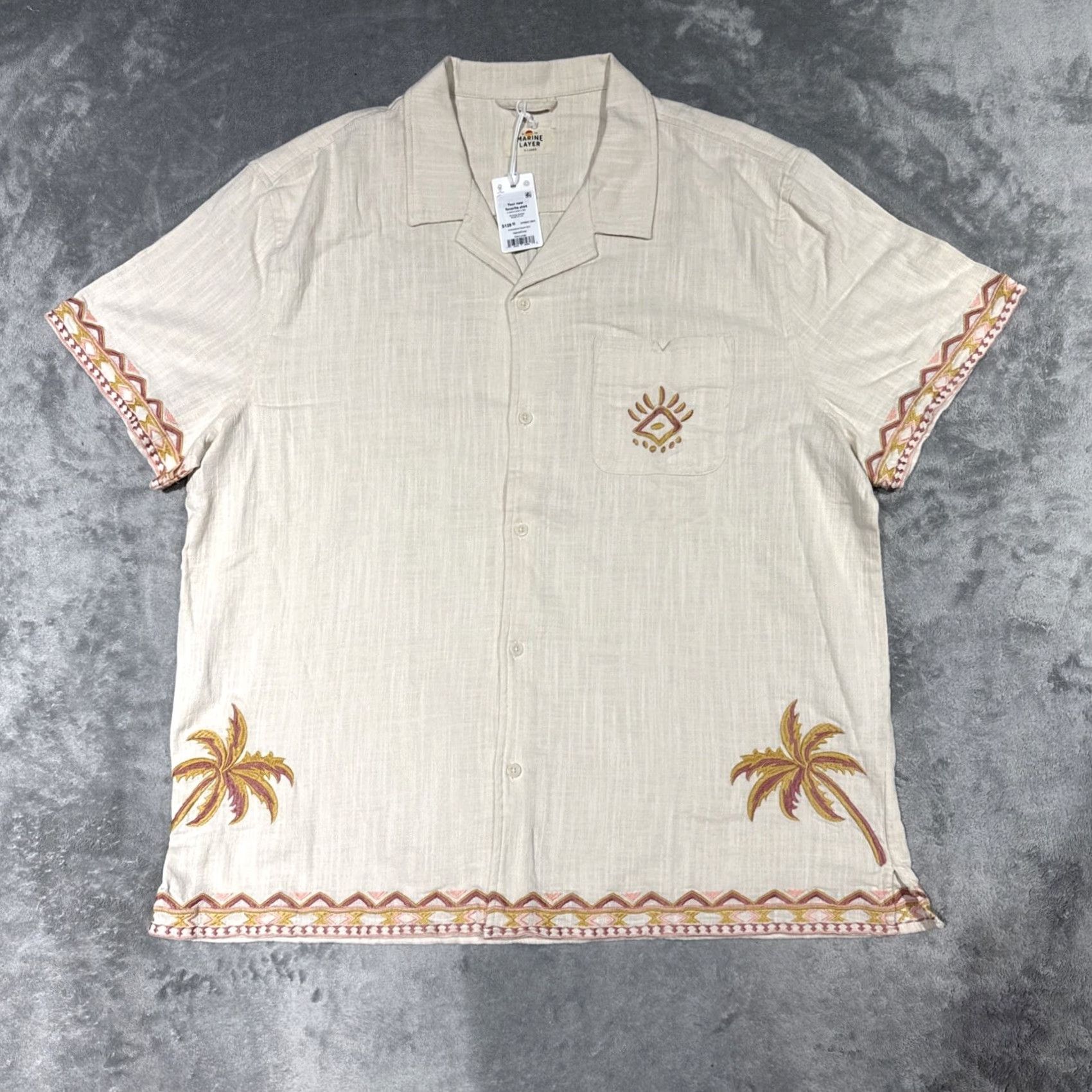 Marine Layer Marine Layer Resort Shirt Mens XL Natural/Coral Embroidered Palm Tree NWT Size US XL / EU 56 / 4 - 2 Thumbnail