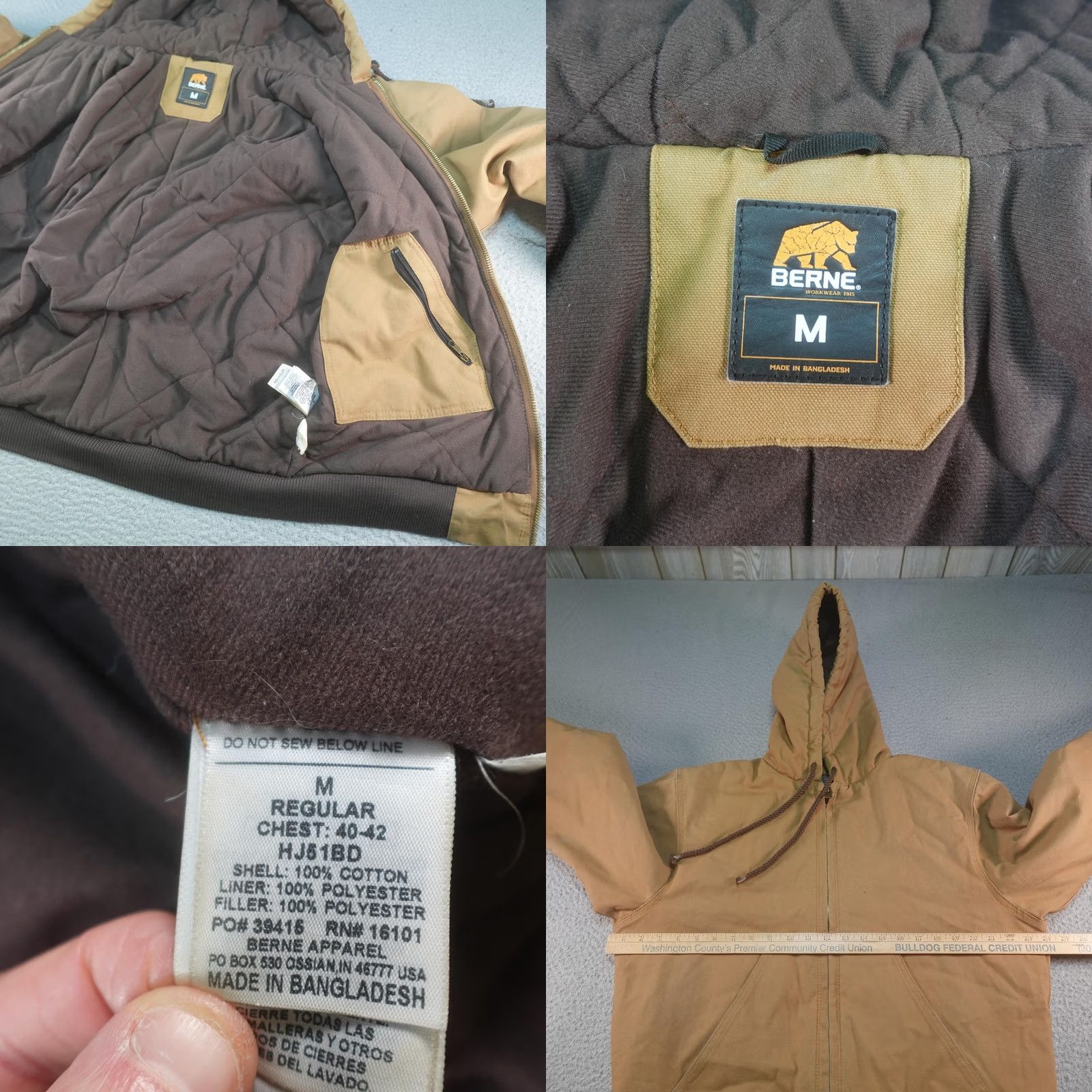 Vintage Berne Jacket Mens M Brown Canvas Hooded Quilted Lined Insulated Workwear Bomber Zip Pockets Full Zip Size US M / EU 48-50 / 2 - 10 Thumbnail