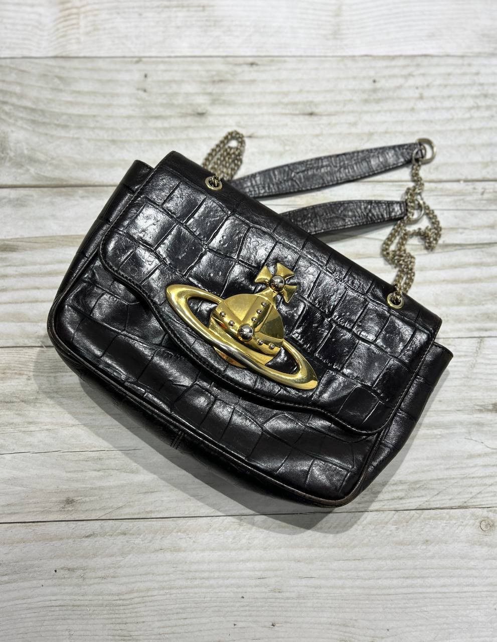 image of Vintage Vivienne Westwood Hand Shoulder Leather Bag Metal Orb Logo in Dark Brown, Women's