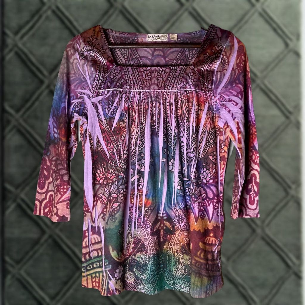 Vintage ENERGE by ONEWORLD Top Purple Boho 3/4 Sleeve V-Neck Knit Floral Embroidered Fairy Hippie Stretch M Womens Regular Size M / US 6-8 / IT 42-44 - 1 Thumbnail