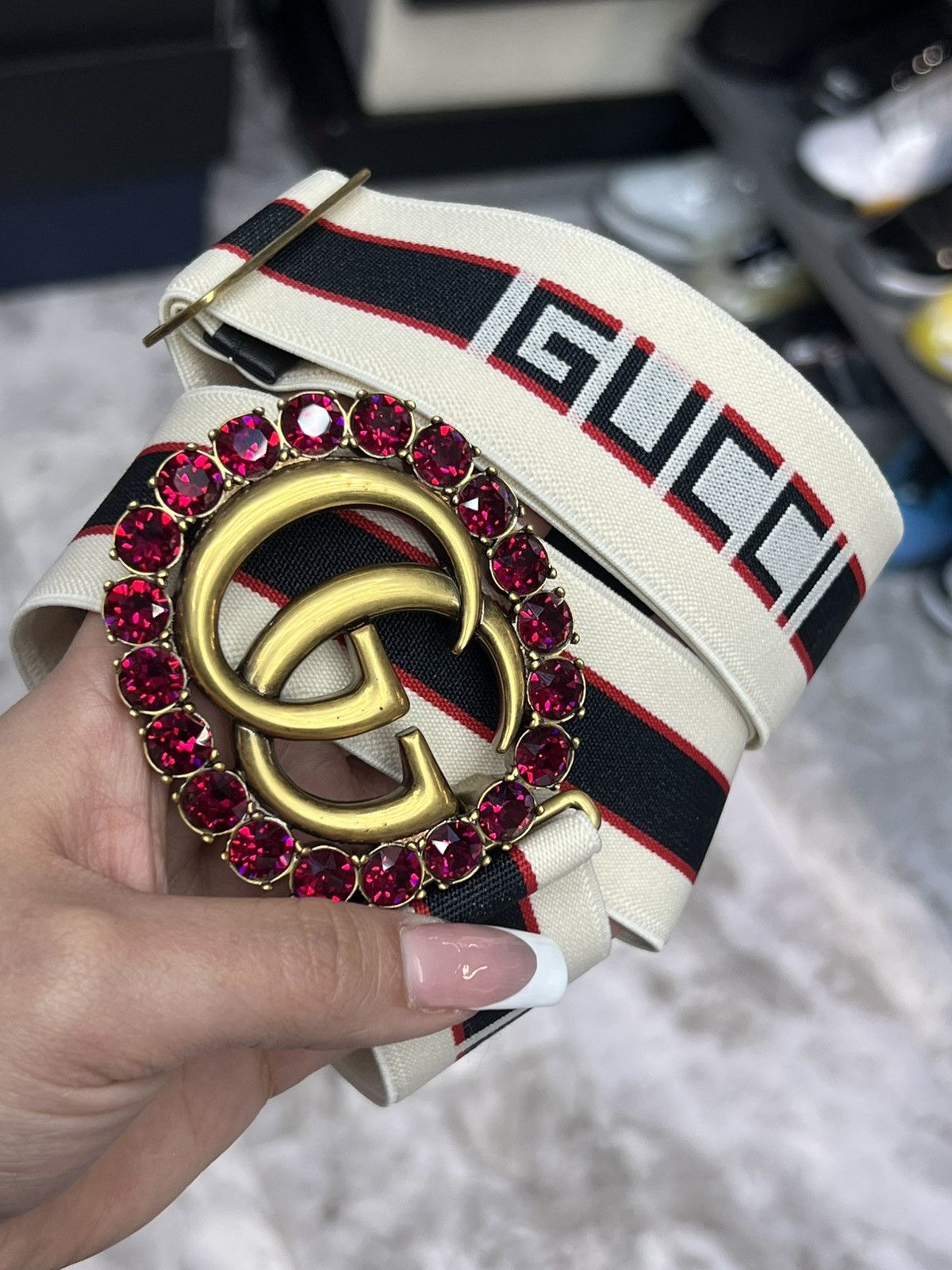 Gucci Gucci Marmont Crystal Canvas Belt Size ONE SIZE - 1 Thumbnail
