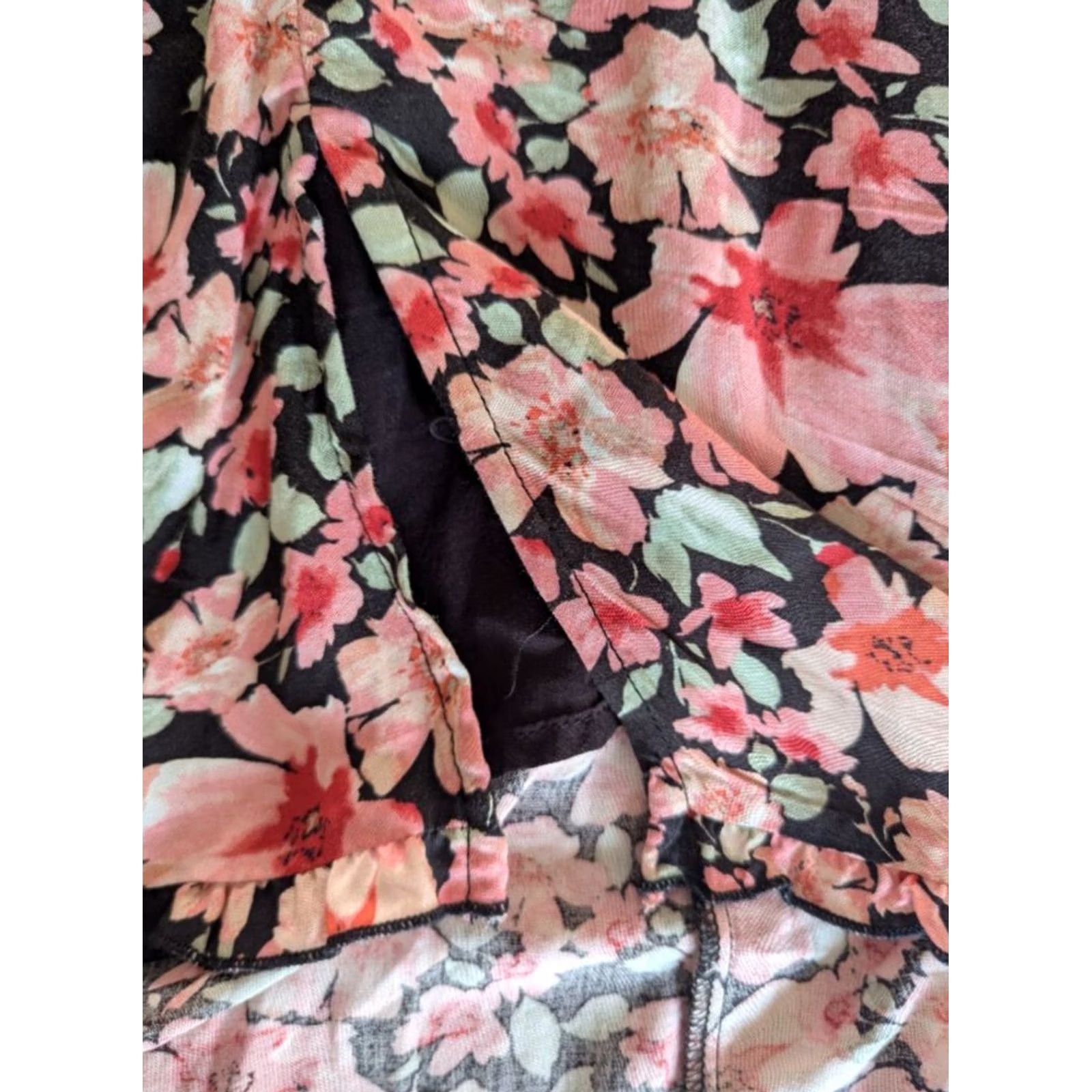Vintage Floral Black Pink Hi Lo Midi Dress Lace Up Back Flutter Sleeve Sz L Whimsigoth Size L / US 10 / IT 46 - 5 Thumbnail