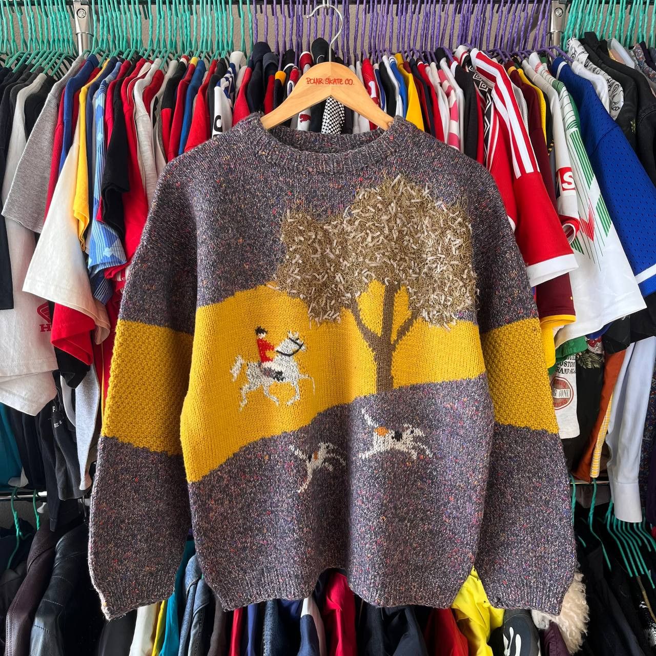 Vintage Hunting Horseman Dogs Printed Hand Knit Wool Sweater Jumper Size US M / EU 48-50 / 2 - 1 Thumbnail