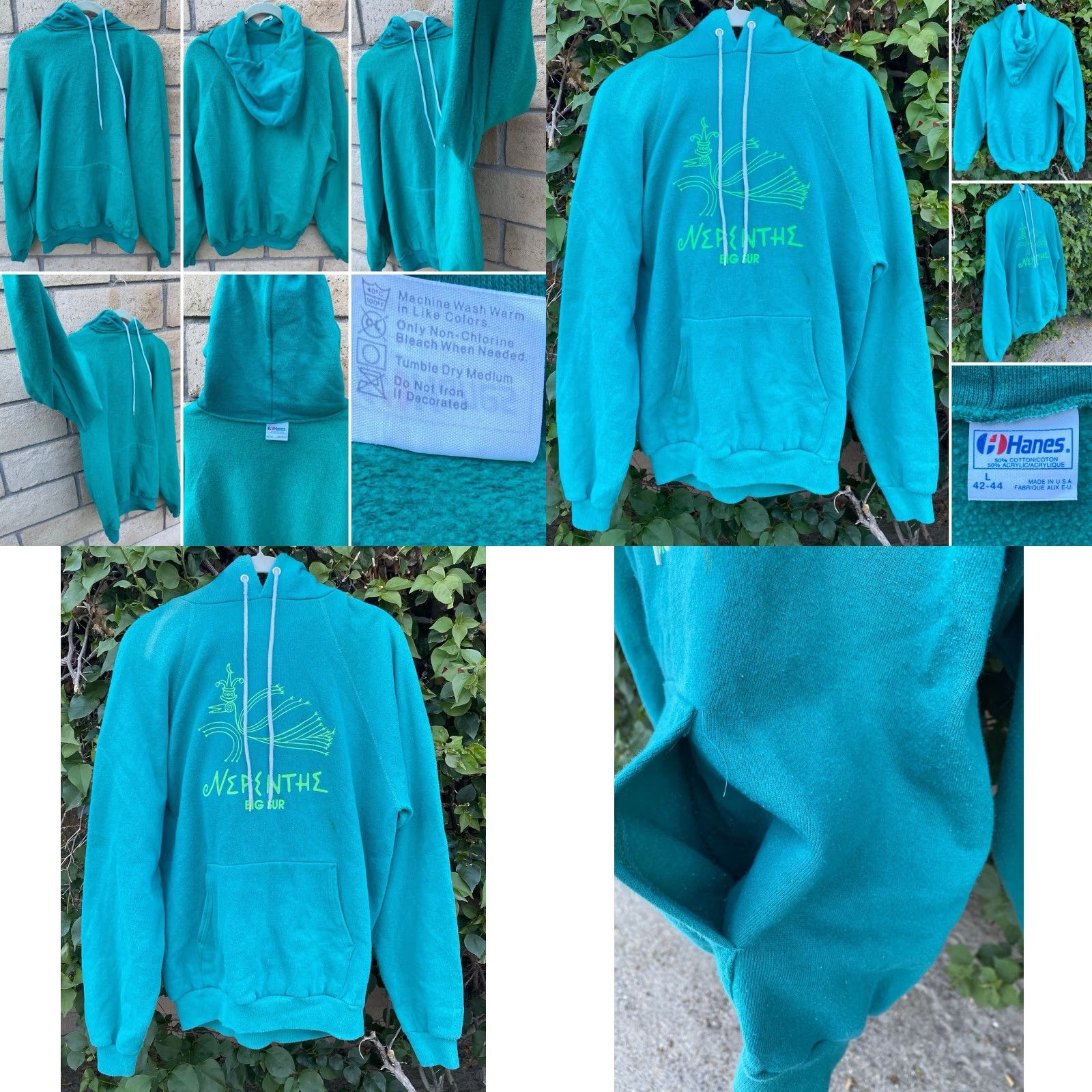 Hanes VINTAGE Hanes Nepenthe Big Sur Raglan Hoodie Sweatshirt Pullover Sweater Jumper Size L Green Graphic Print Men Hoodie Pullover 90s Mens Size US L / EU 52-54 / 3 - 9 Thumbnail