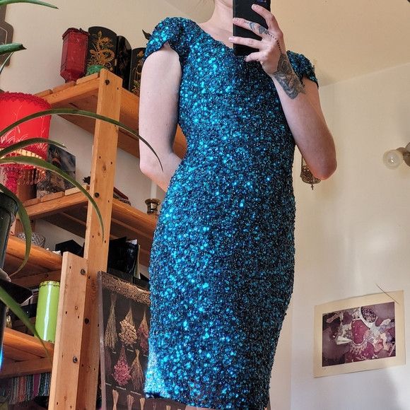 Vintage Vintage Scala Blue Sequin 100% Silk Cocktail Dress - Xs Size XS / US 0-2 / IT 36-38 - 8 Thumbnail