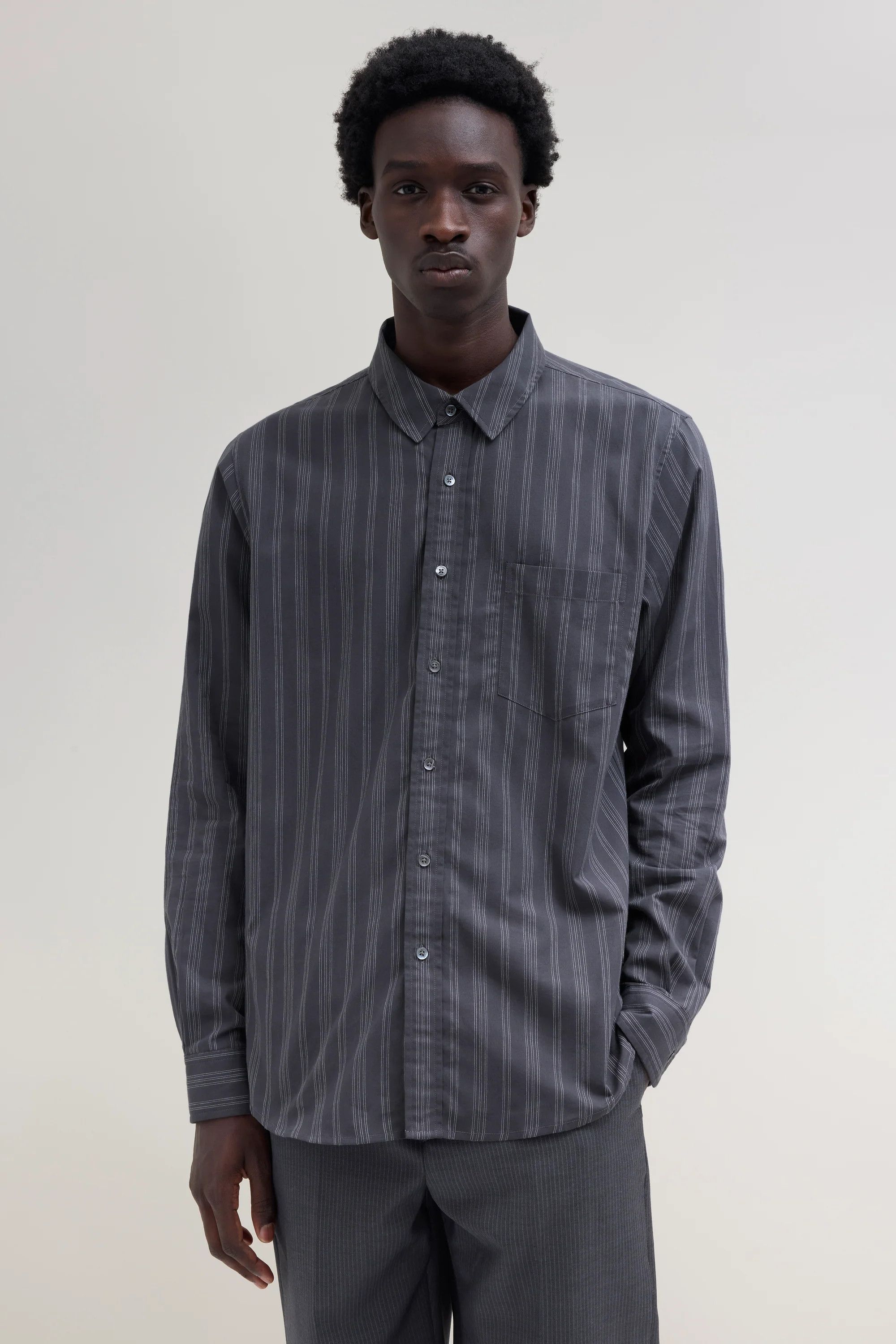 JJJJound 💚 JJJJound Striped Button Up Shirt Charcoal/Off White NEW Size US L / EU 52-54 / 3 - 2 Thumbnail