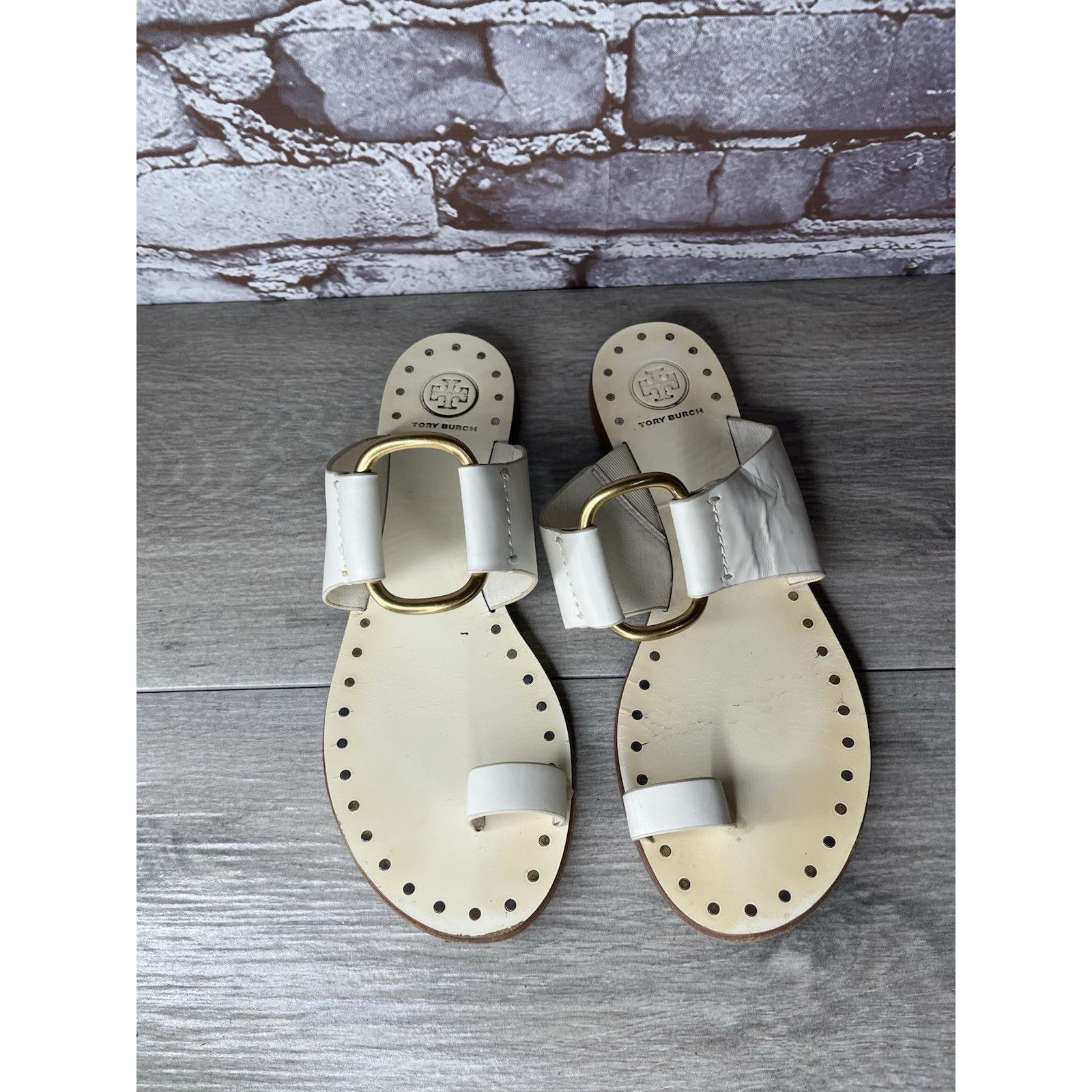 Tory Burch Tory Burch Ravello Studded White Leather Gold Rings Toe Post Size US 8 / IT 38 - 1 Thumbnail