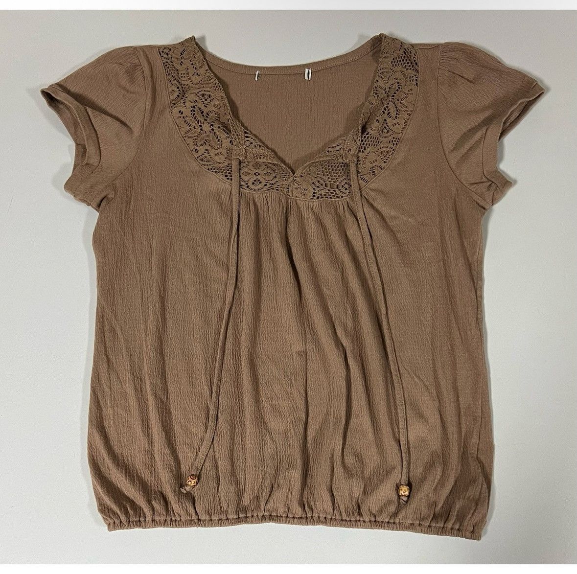 Free People Brown Crochet Boho Short Sleeve Shirt Top Blouse Tee Size M🤎 Size M / US 6-8 / IT 42-44 - 1 Thumbnail