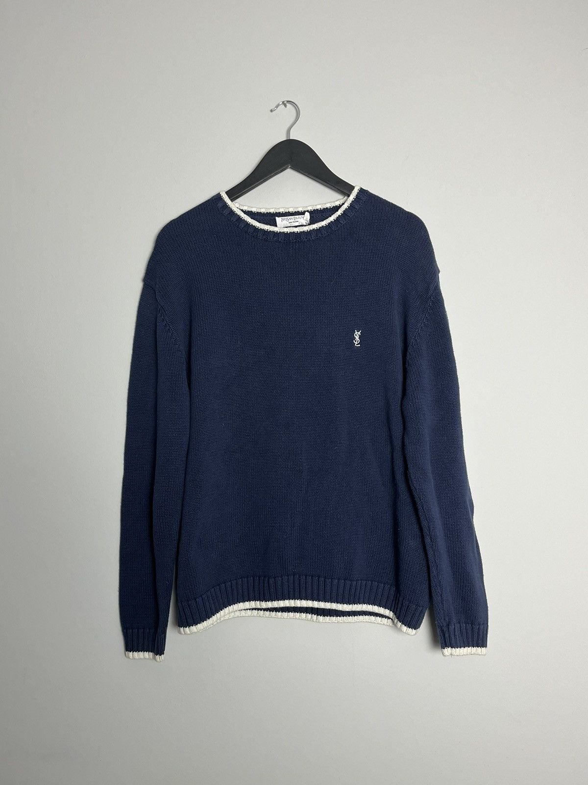 image of Vintage YVES Saint Laurent Knitted Sweater in Navy, Men's (Size Large)
