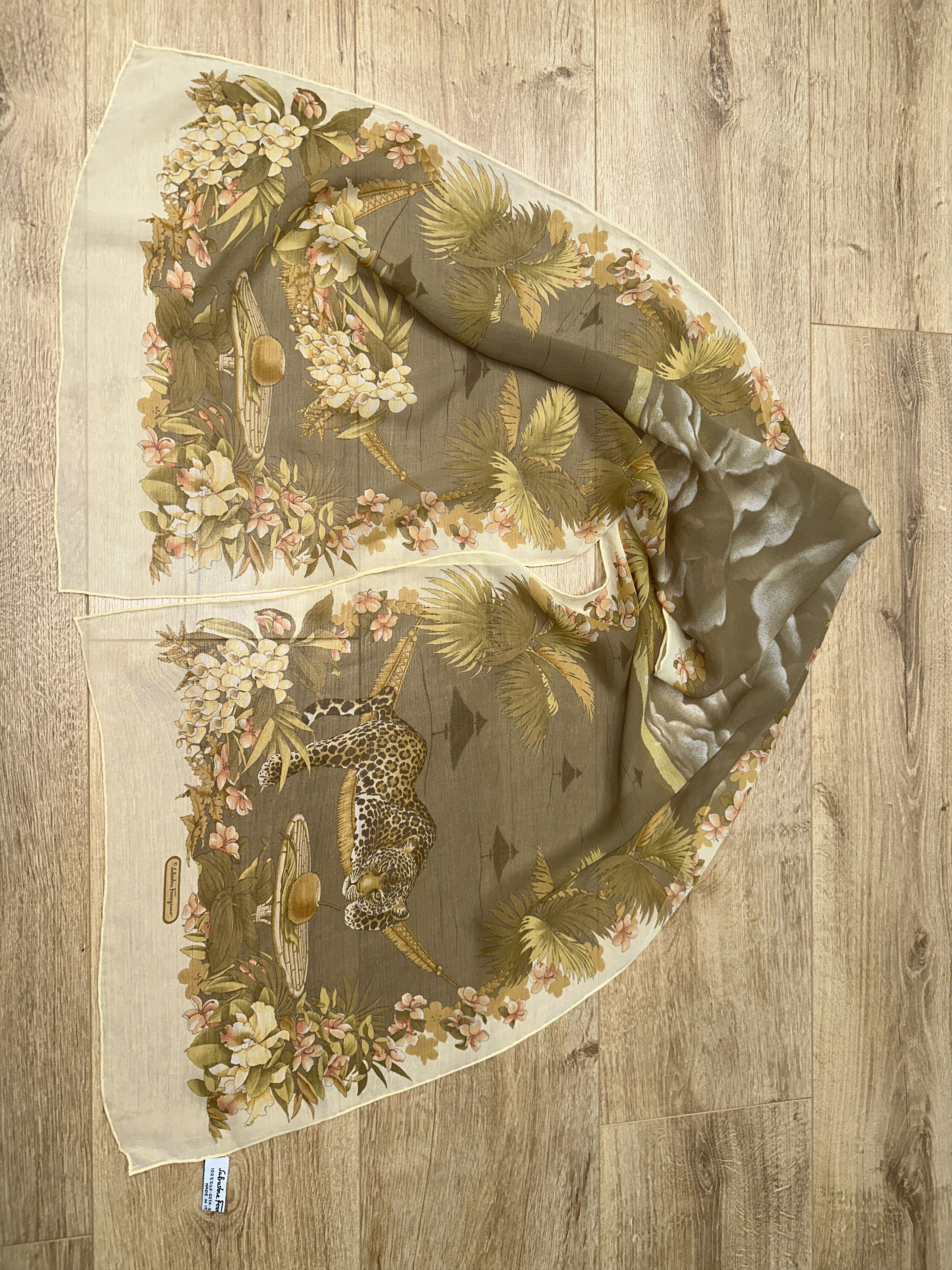 Salvatore Ferragamo Salvatore Ferragamo Leopard Tropical Resort 100% Silk Scarf Size ONE SIZE - 9 Thumbnail