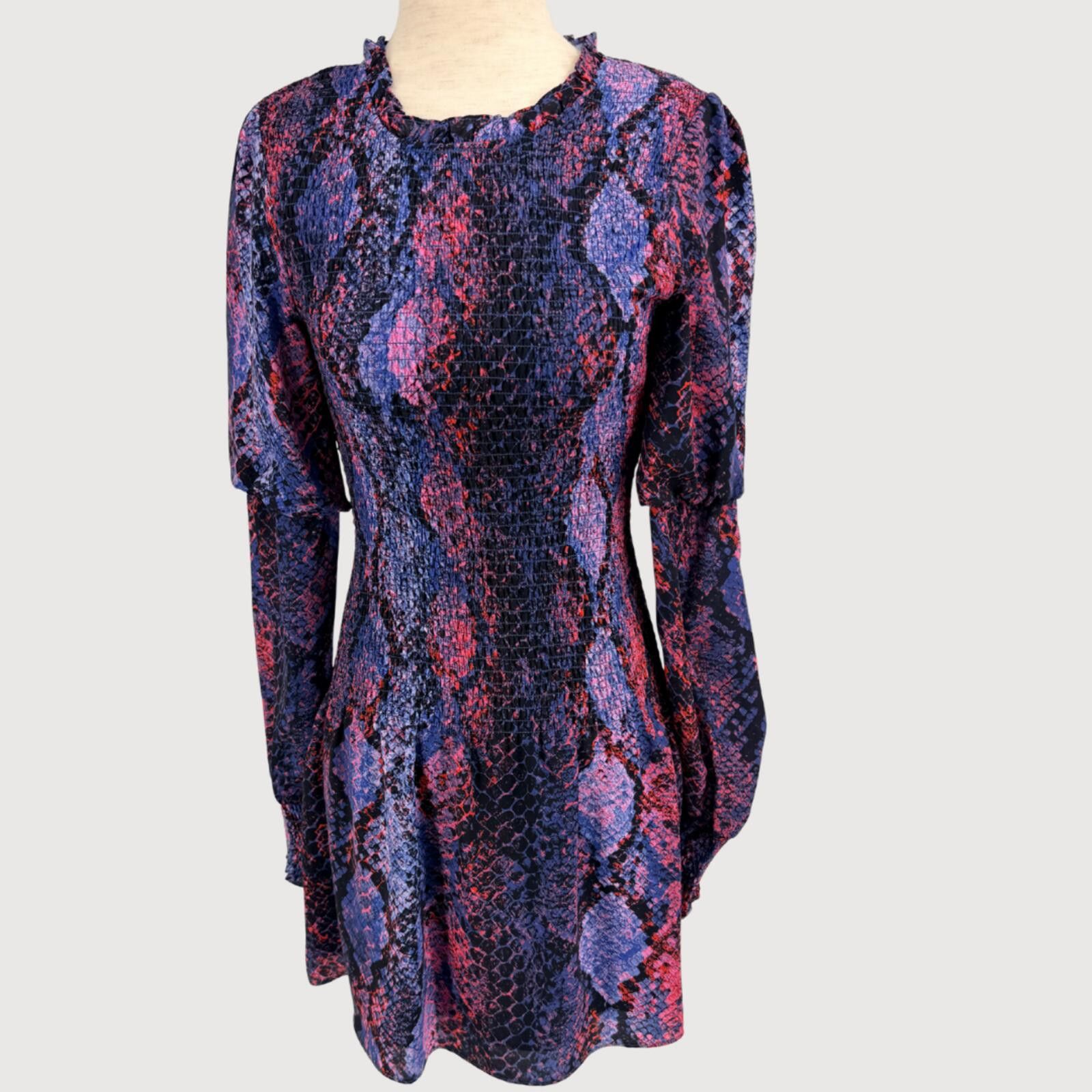 Packer Shoes Parker Snake Print Smocked Mini Dress Long Sleeve Purple XS Size XS / US 0-2 / IT 36-38 - 1 Thumbnail
