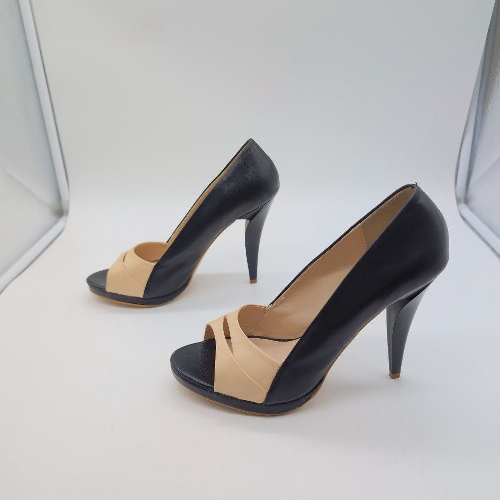 Designer Two Lips Vision sz 8.5 Elegant Black / Tan Peep-Toe Leather Size US 8.5 / IT 38.5 - 4 Thumbnail