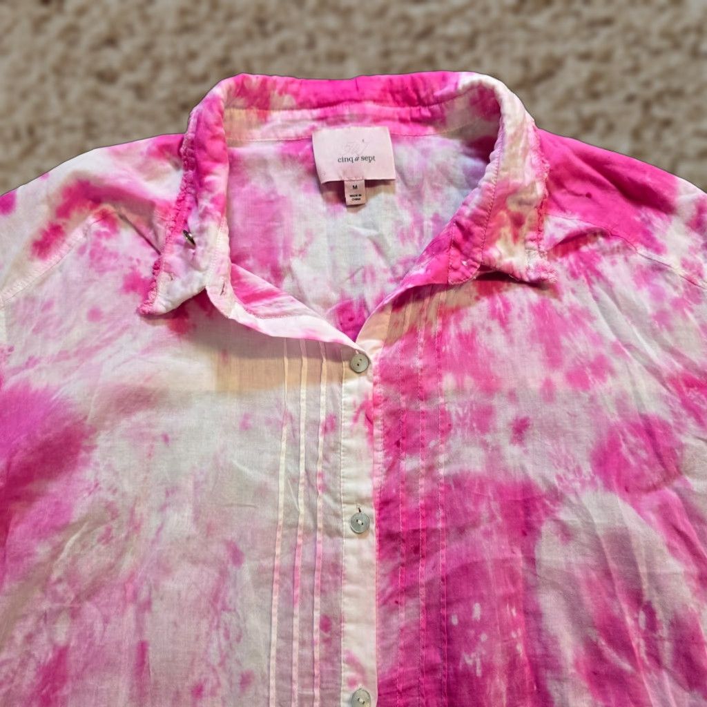 Cinq a Sept Cinq a Sept Top Womens Medium Pink Tie Dye Button Lightweight Ruffle Cuffed Blouse Size M / US 6-8 / IT 42-44 - 1 Thumbnail