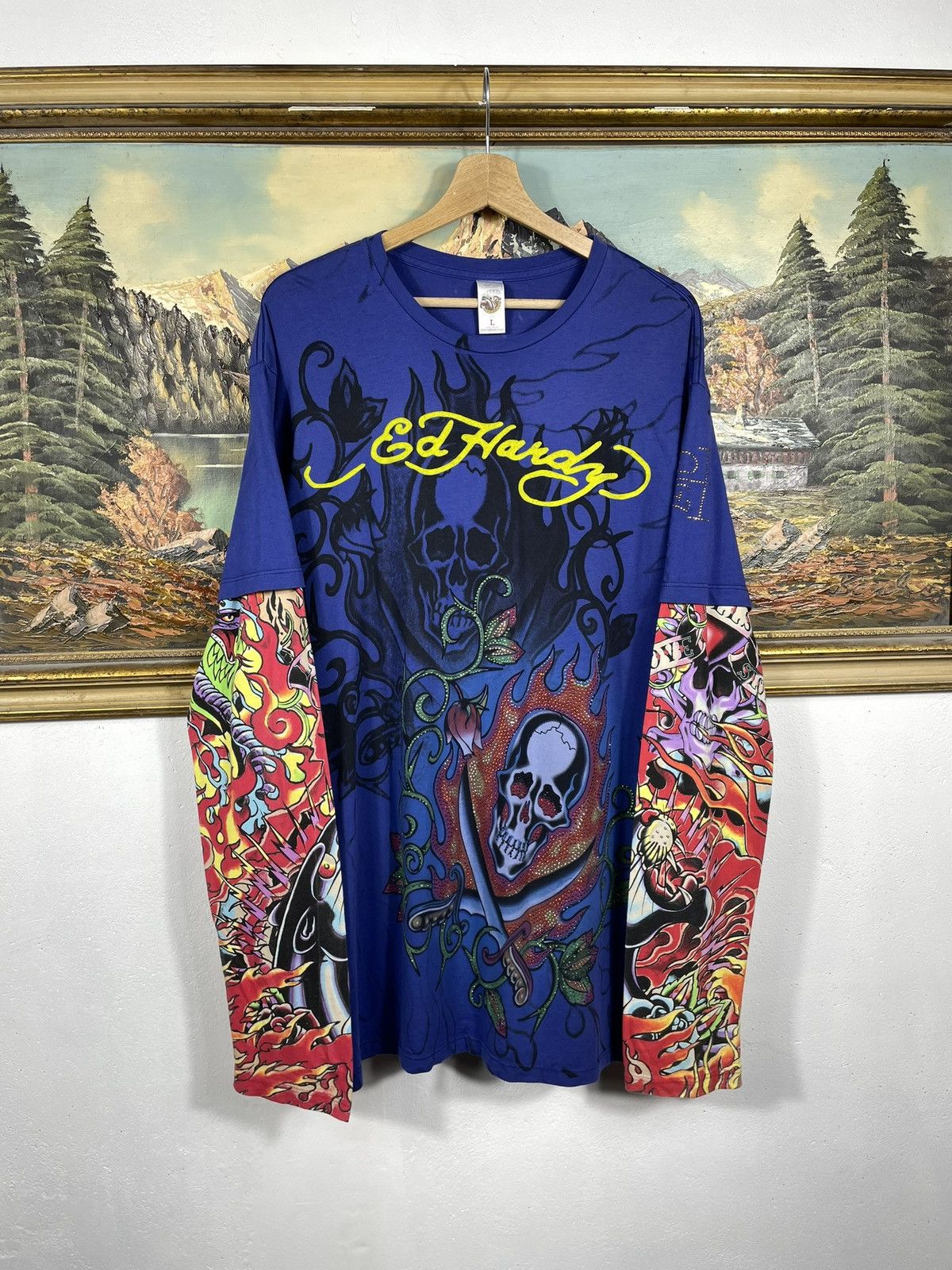 Ed Hardy Retro 00s Baggy Loose Tee Sweatshirt Grunge Cyber