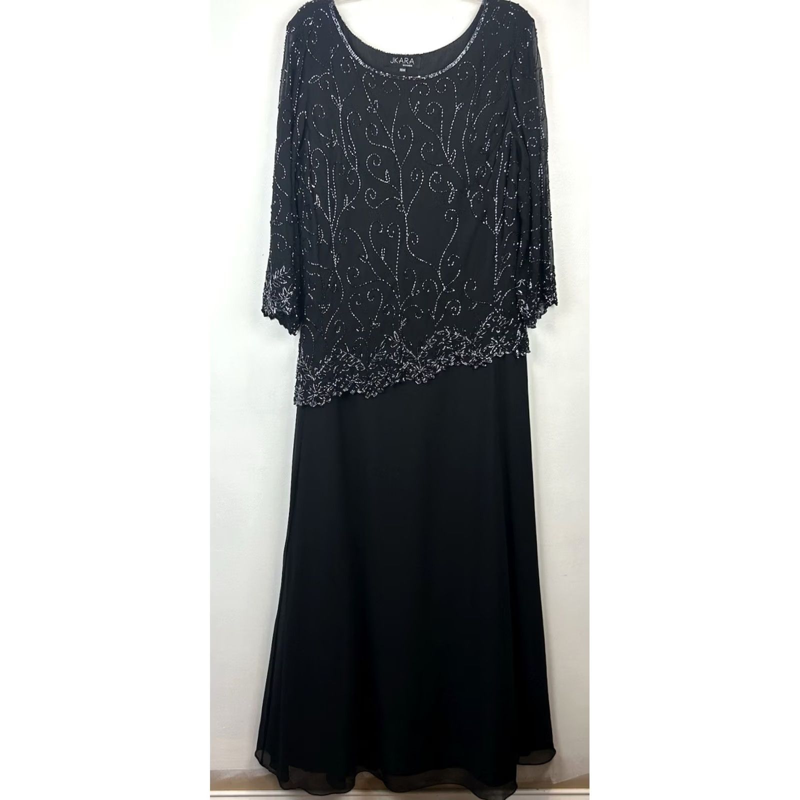 Vintage JKARA Evening Gown Womens 16W Black Chiffon Beaded Wedding Black Tie Event A-Line Long Dress 3/4 Sleeve Round Neck Formal Party/Cocktail Size XXL / US 16-18 / IT 52-54 - 2 Thumbnail