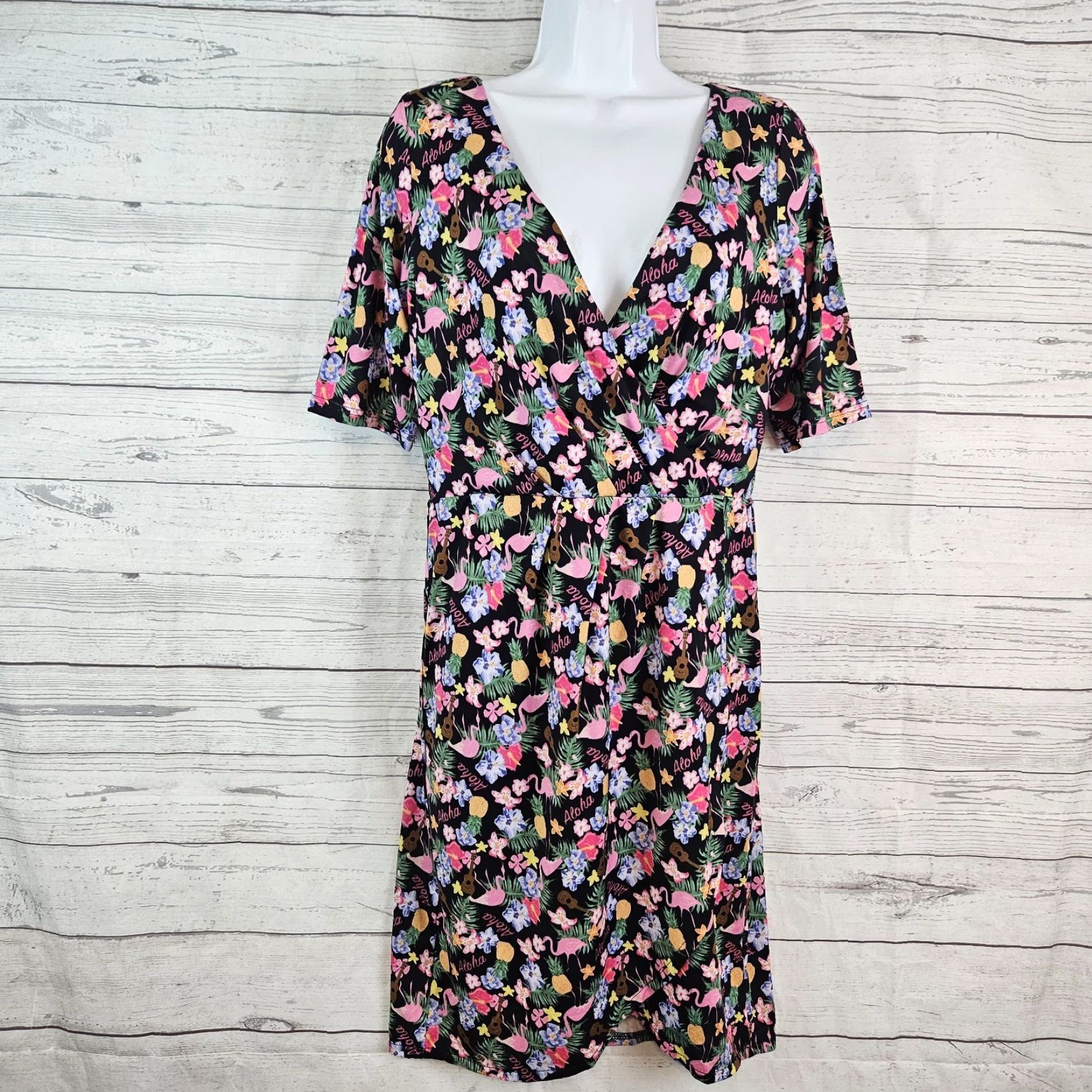 Vintage Lindy Bop Womens Dress 8 Black Pink Flamingos Aloha V-Neck Half Sleeves Dress Size M / US 6-8 / IT 42-44 - 2 Thumbnail