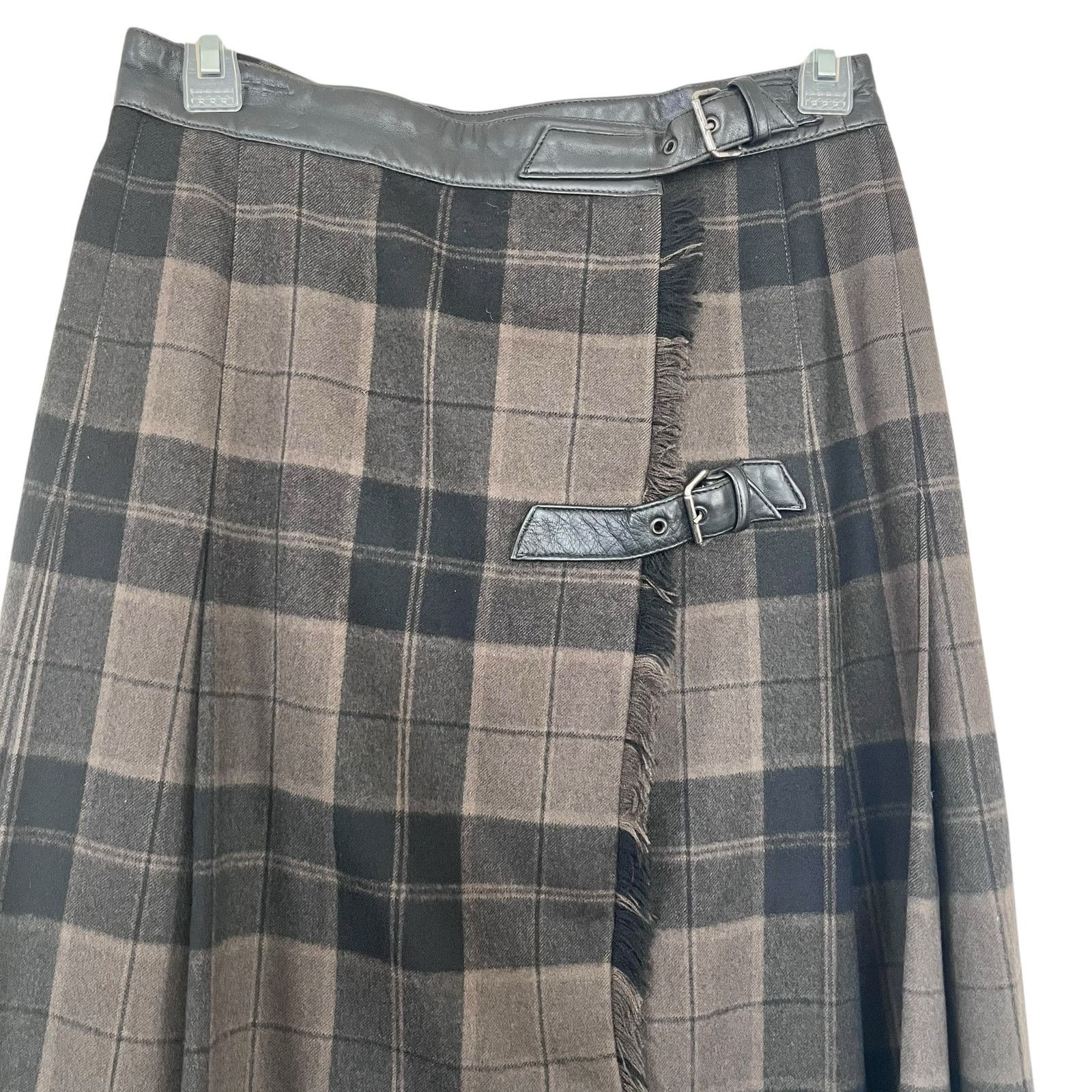 Escada Escada Brown Black Plaid Wool Leather Belt Midi Kilt Skirt Size 27" / US 4 / IT 40 - 3 Thumbnail