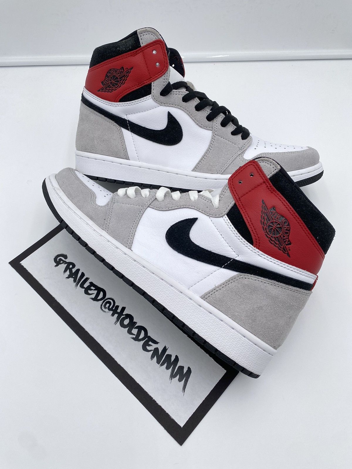 image of Jordan Nike 12 Jordan 1 Retro High Light Smoke Grey Red Black 555088-126 Shoes in Gray/Red, Men's