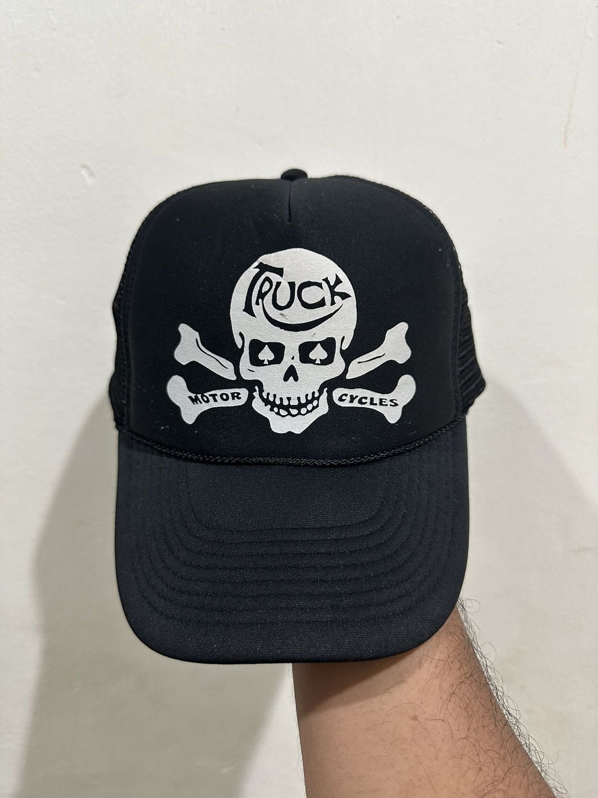 image of Hats x Vintage VTG Skull Cross Motorcycles Trucker Hat in Black, Men's