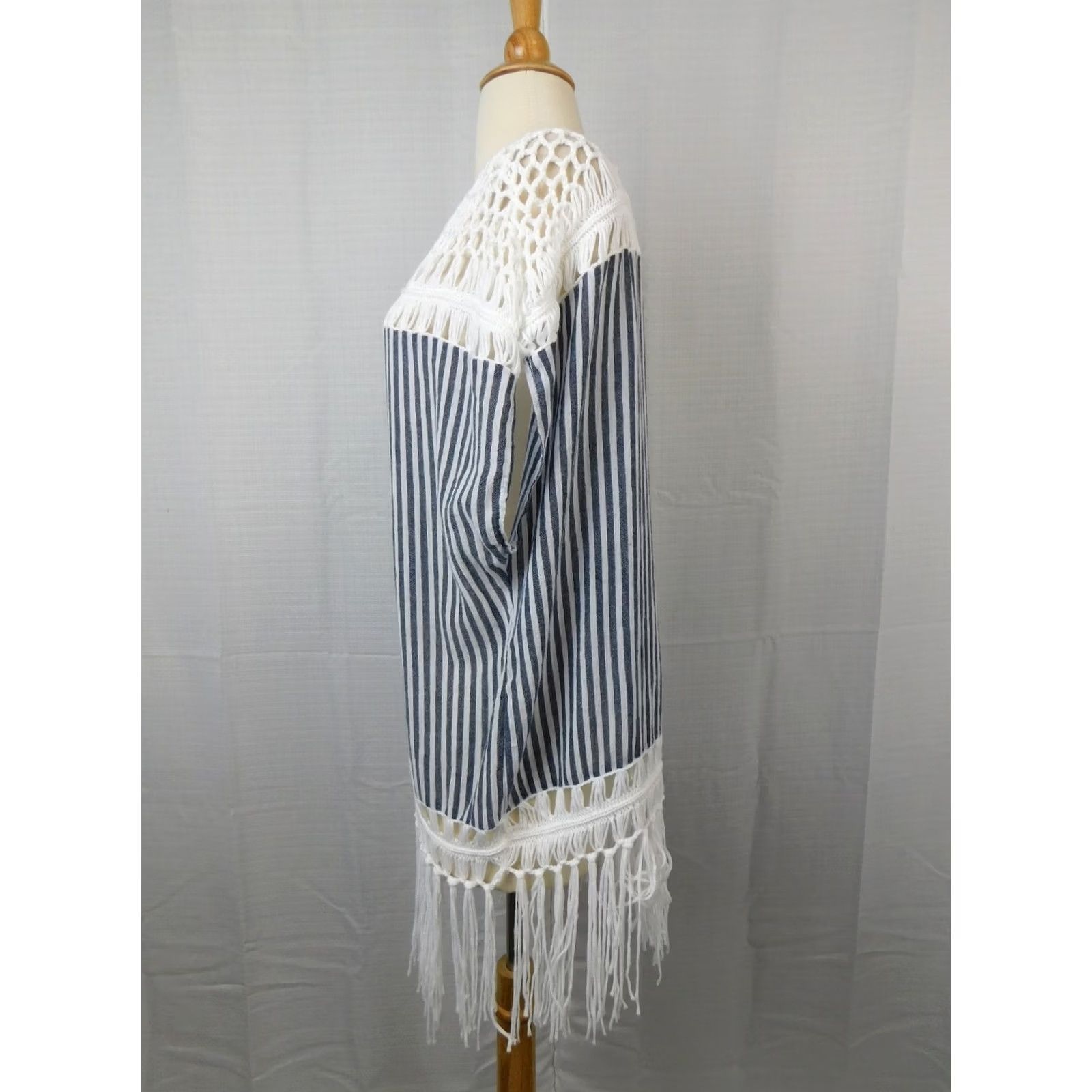 Steve Madden Steve Madden Crochet Cotton Beach Tunic Swim Cover-Up Navy Stripe One Size Women Stripe Beach Cover Up Women Navy Blue Crochet Cotton Tunic Size ONE SIZE - 4 Thumbnail