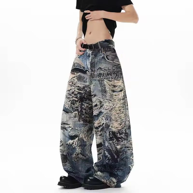 Japanese Brand Printed Distressed Denim Pants Wide-Leg, Graffiti Streetwear Size US 26 / EU 42 - 1 Thumbnail
