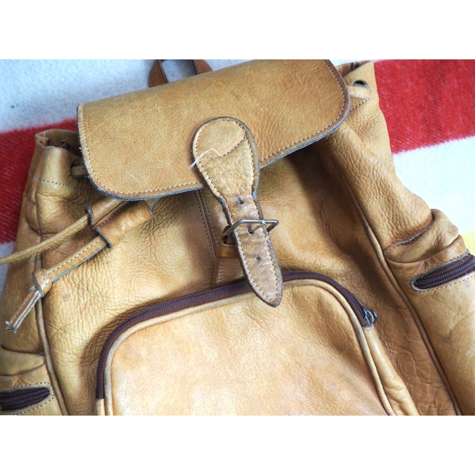 Vintage VINTAGE VTG Light Brown Heavy Tooled Leather Drawstring Boho Hippy Y2k Backpack Bag Size ONE SIZE - 5 Thumbnail