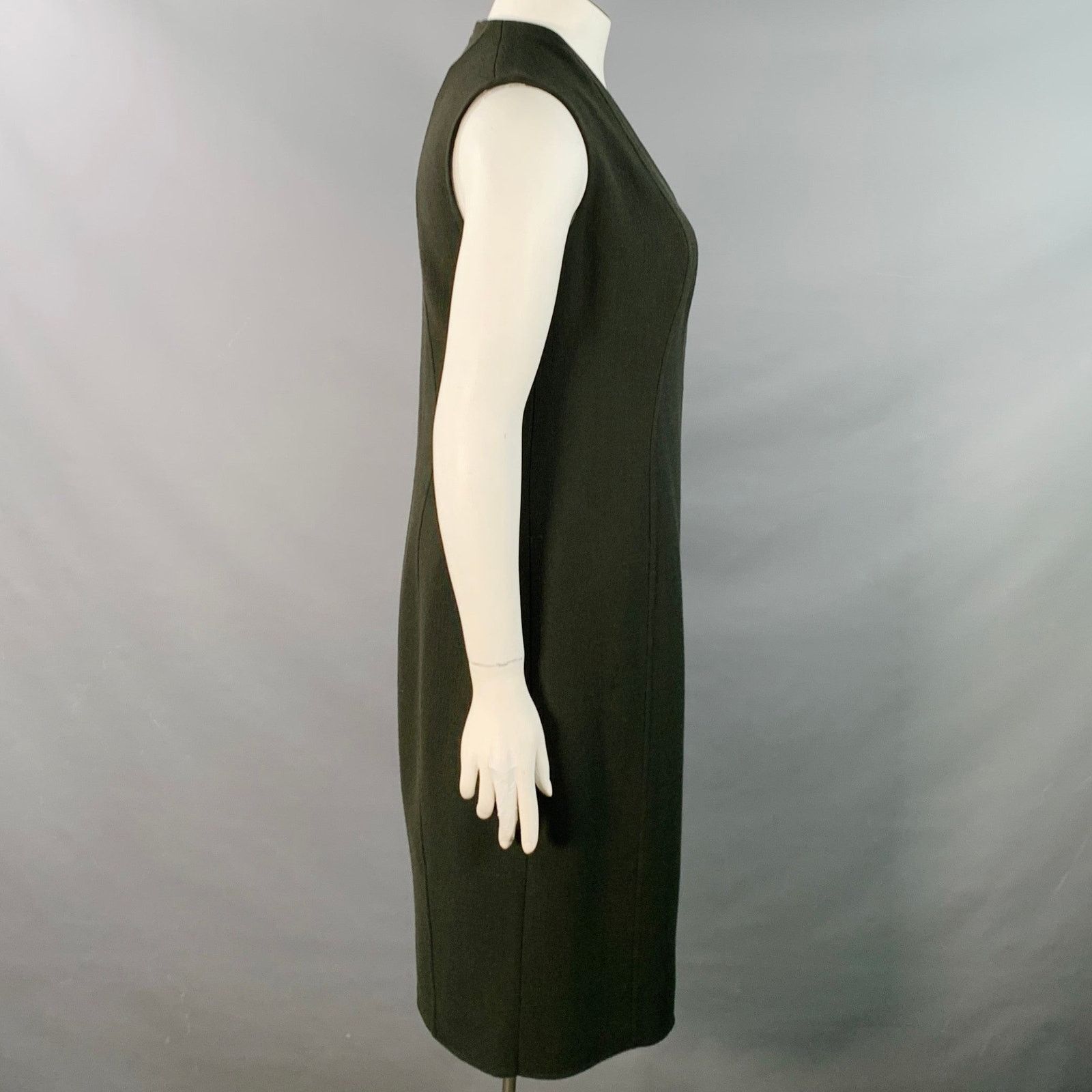 Akris AKRIS 12 Dark Green Wool Crepe Sleeveless V-Neck Midi Dress Size XL / US 12-14 / IT 48-50 - 2 Thumbnail