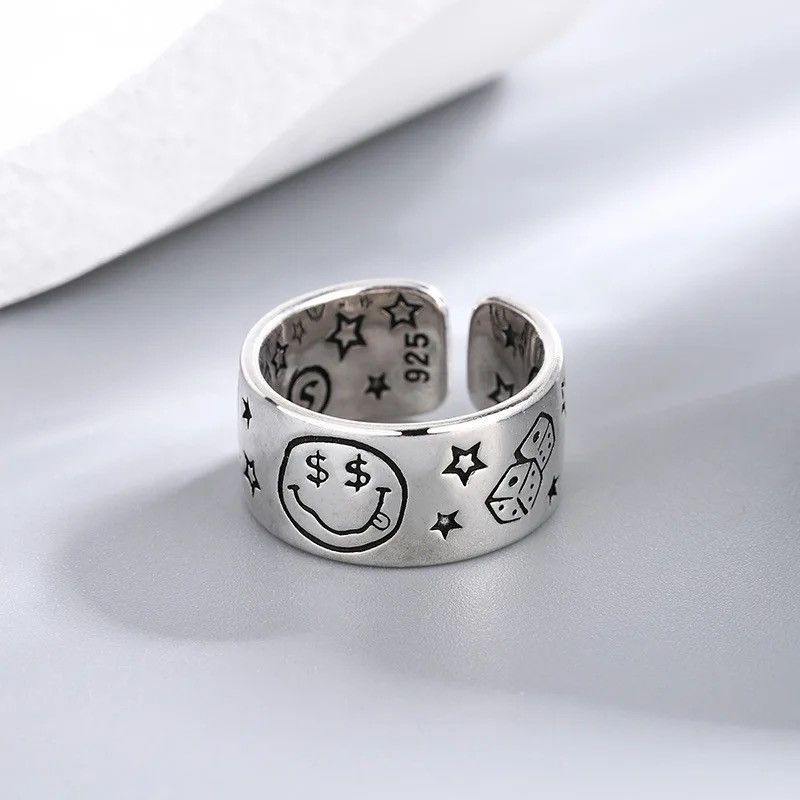 Jewelry × Vintage Personality Smile Face Poker Dice Design Vintage Thai Silver Size ONE SIZE - 5 Thumbnail