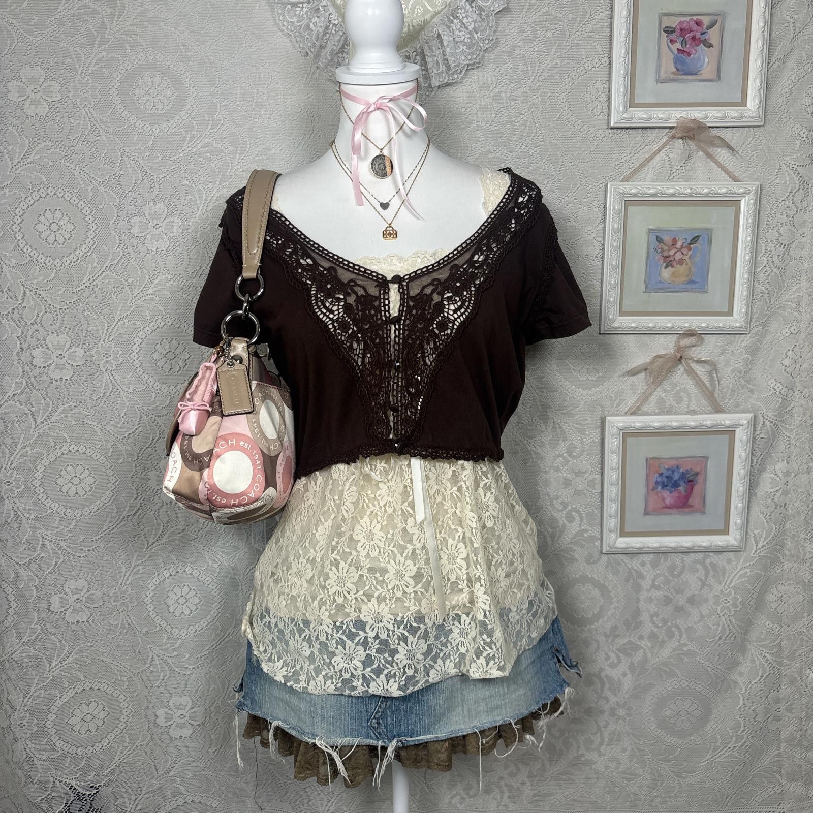 Other y2k brown lace fairy core cardigan Size L / US 10 / IT 46 - 1 Thumbnail