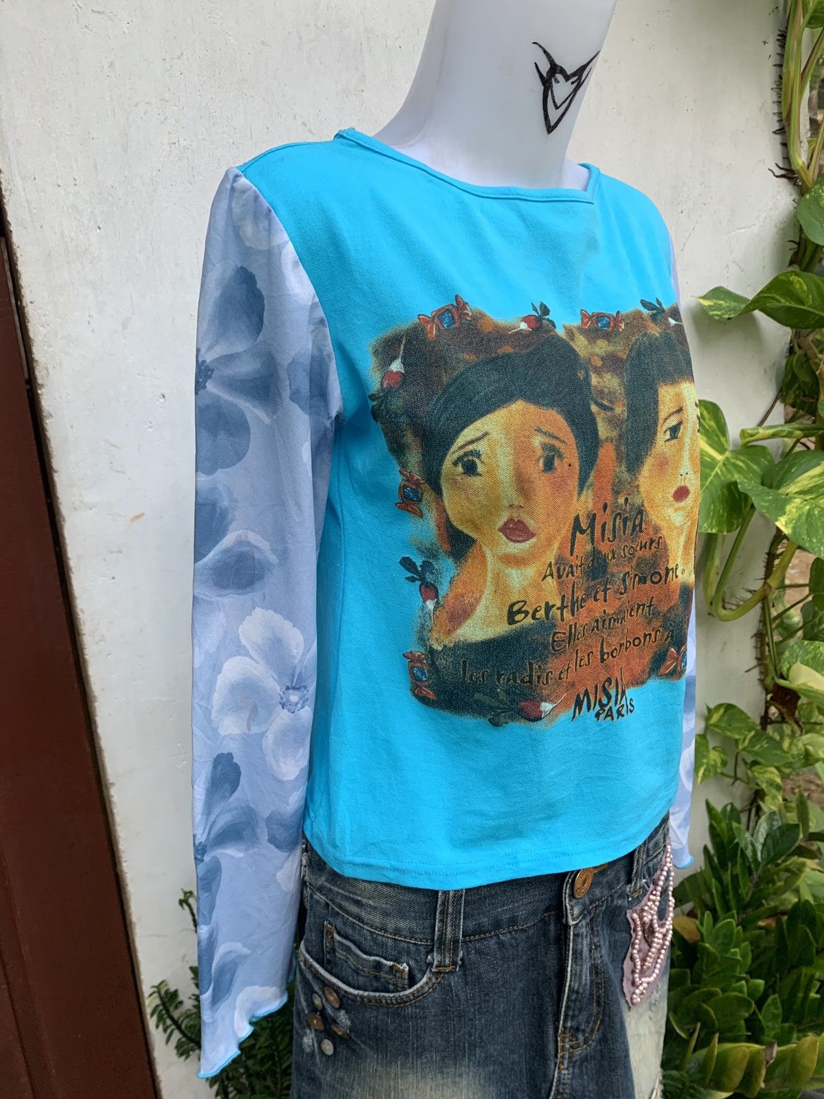 Vintage y2k Misia Paris Blue Oil Painting Art Poem Graphic Mesh Top Size M / US 6-8 / IT 42-44 - 2 Thumbnail