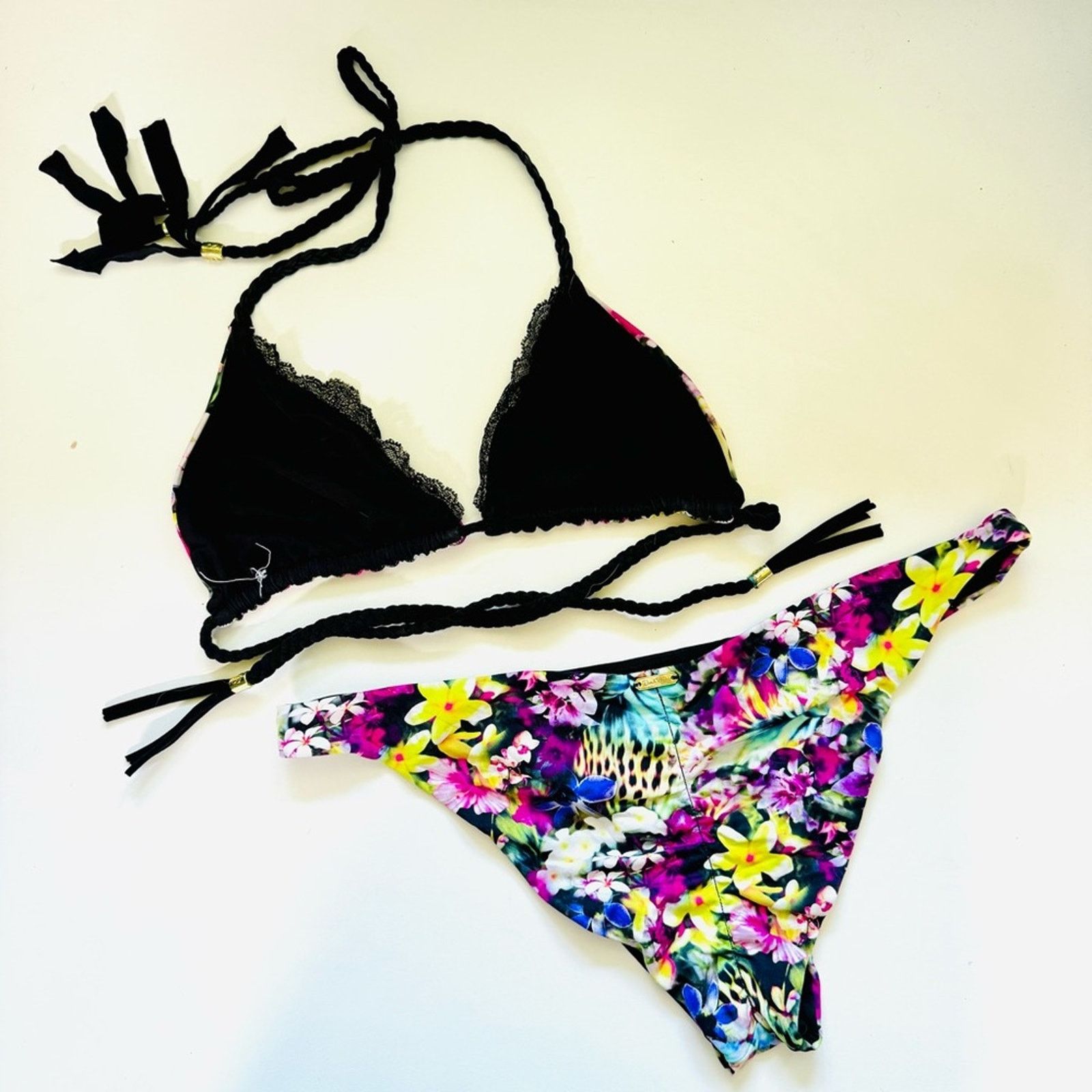 Anthropologie BEACH BUNNY Black Pink Floral Print Reversible Strap Bikini Size ONE SIZE - 3 Thumbnail