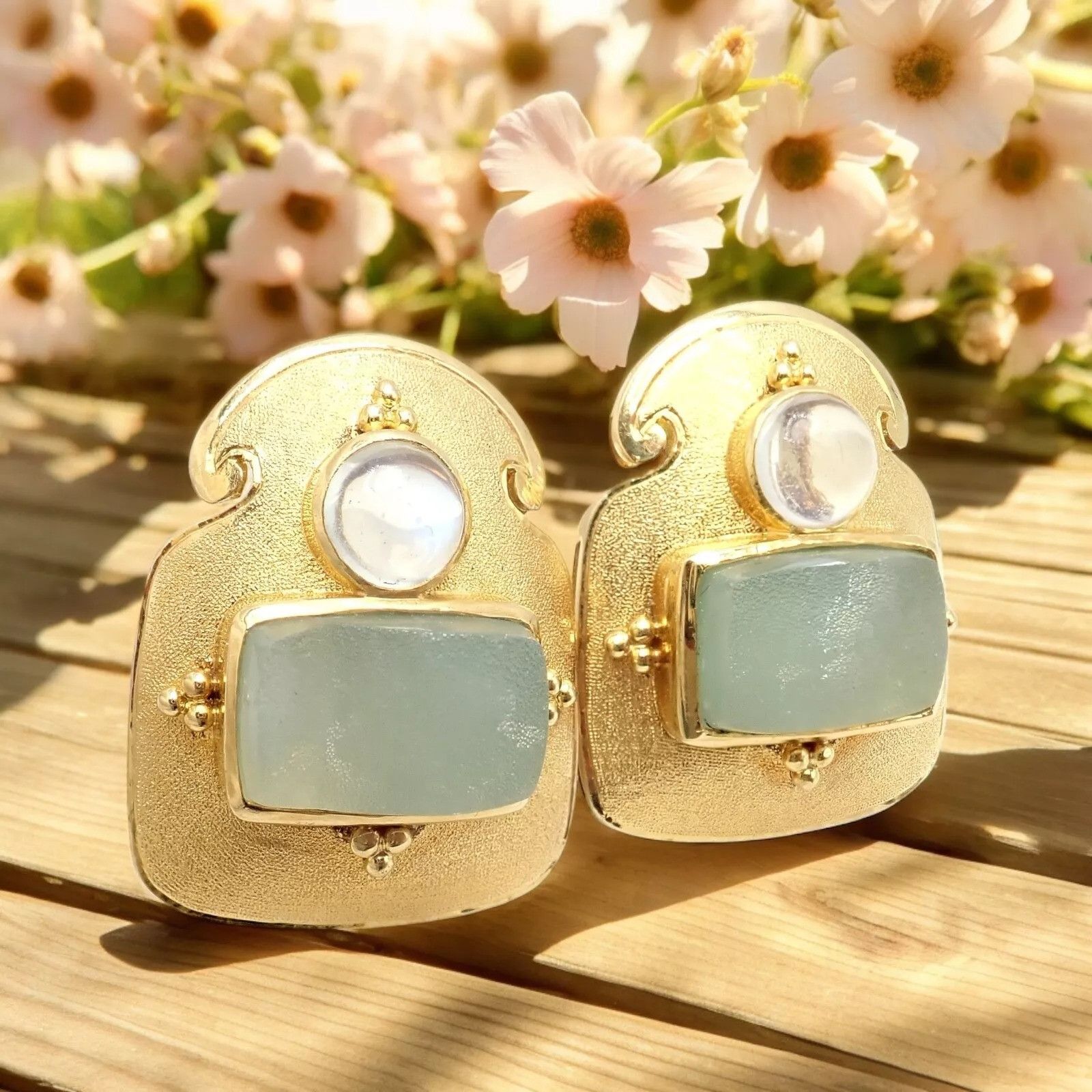Vintage Paula Crevoshay 18k Gold Smithsonite Moonstone Earrings OOAK Size ONE SIZE - 2 Thumbnail