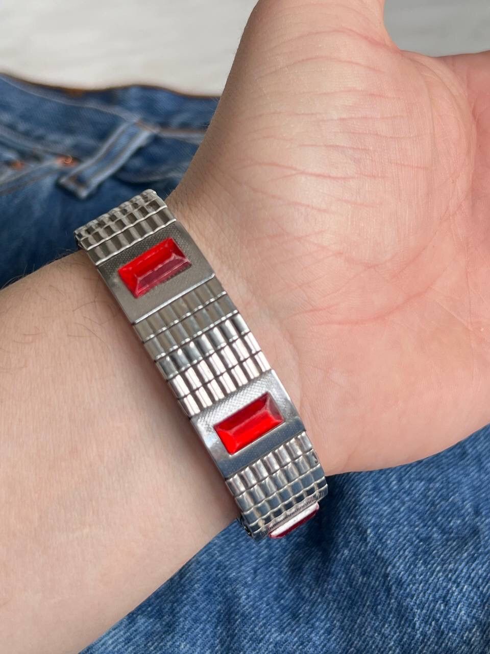 Jewelry Bracelet Silver Chrome Red Stone Crystal Y2K 90s Jewelry Size ONE SIZE - 6 Thumbnail