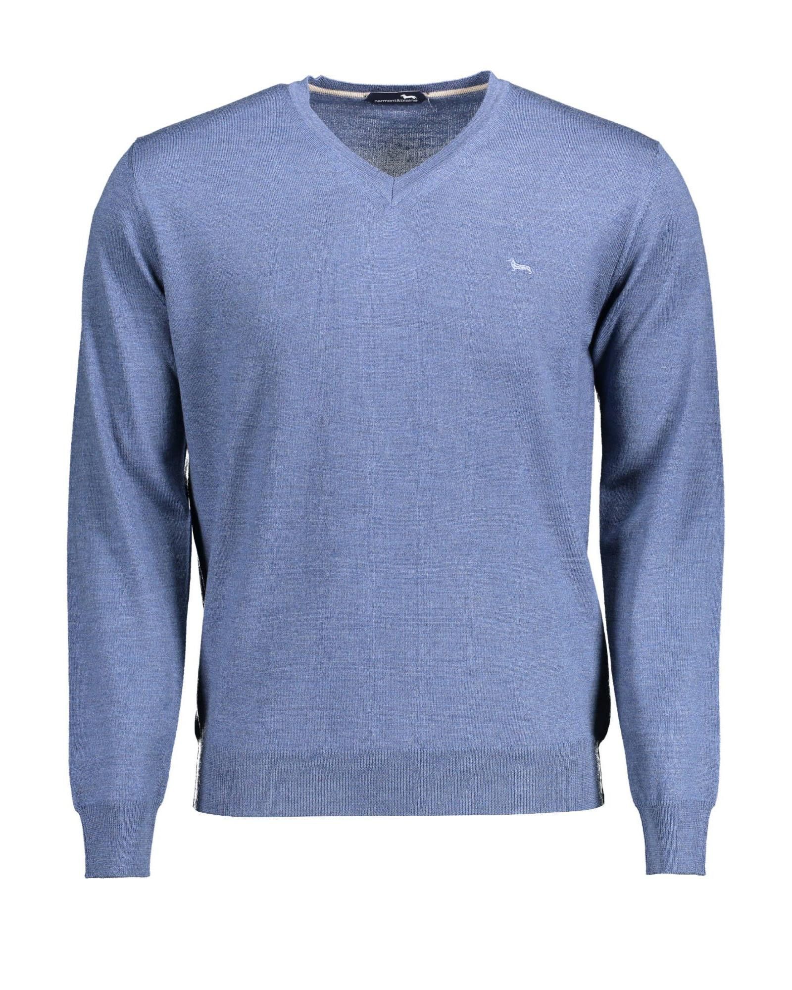 image of Harmont Blaine Wool Shirt With Embroidered Logo And V-Neckline in Blue, Men's (Size XL)