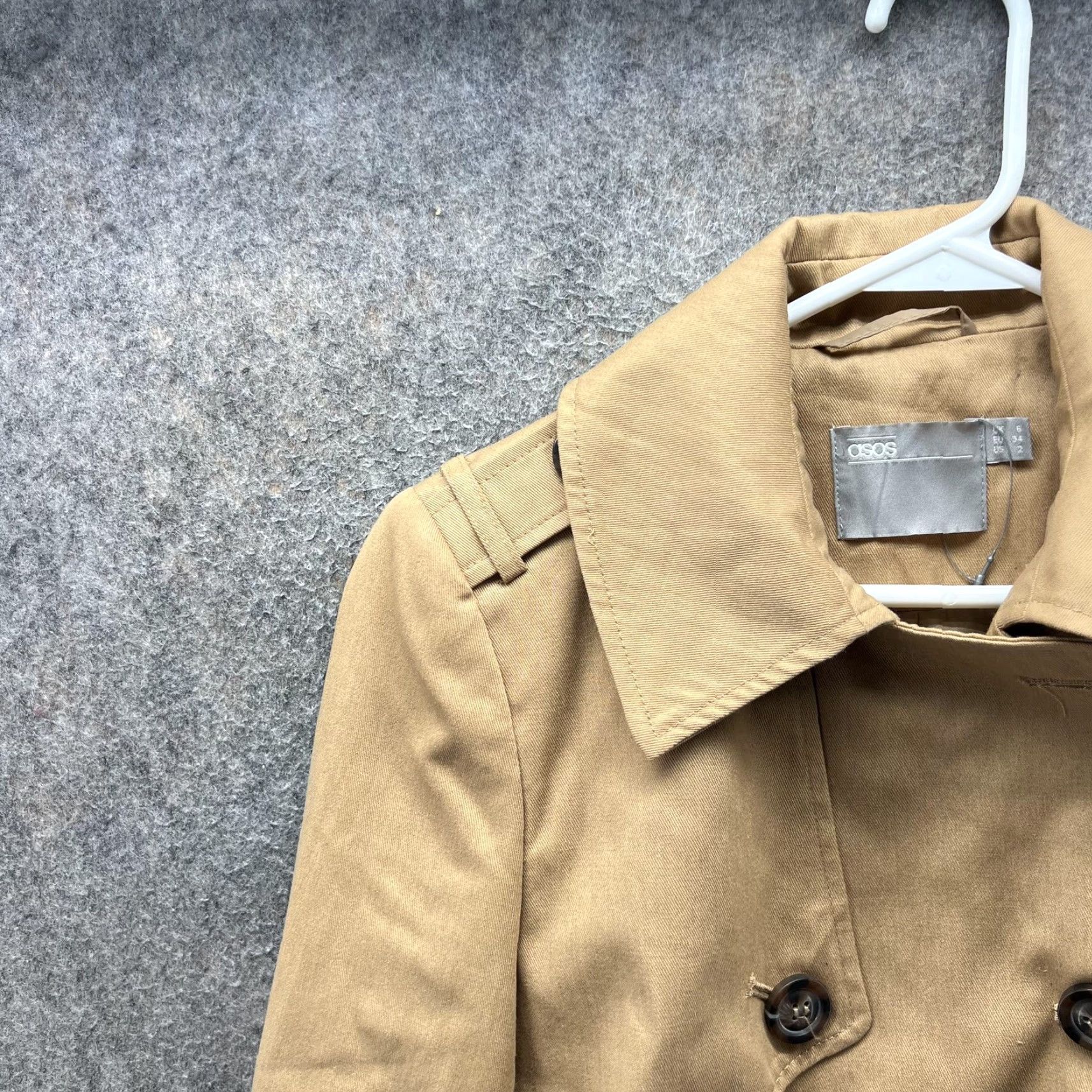Asos ASOS Trench Coat Womens 2 Beige Cotton Twill Double Breasted Belted Classic Size XS / US 0-2 / IT 36-38 - 7 Thumbnail