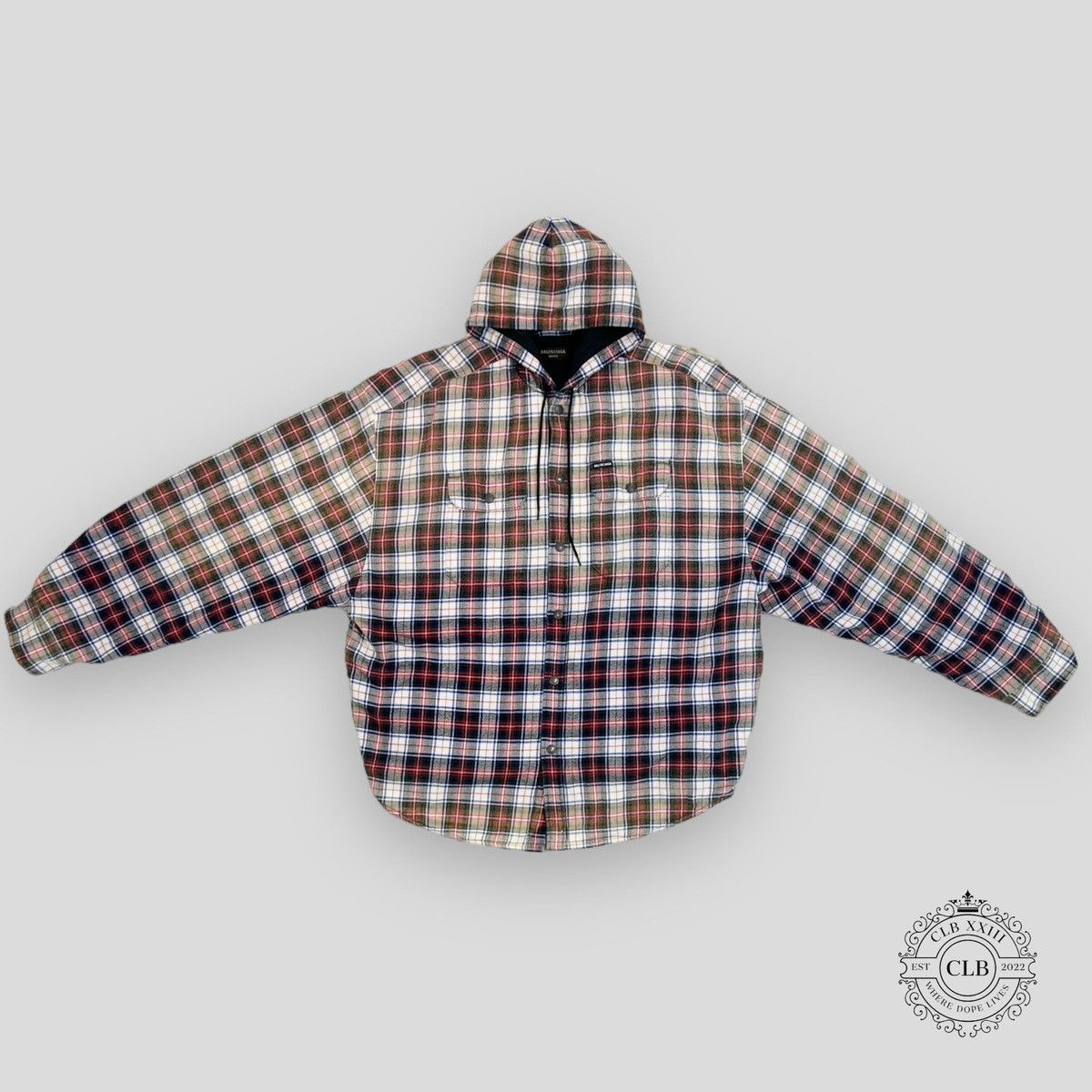 image of Balenciaga Bleached Plaid Hooded Flannel - Red, Men's (Size XS)