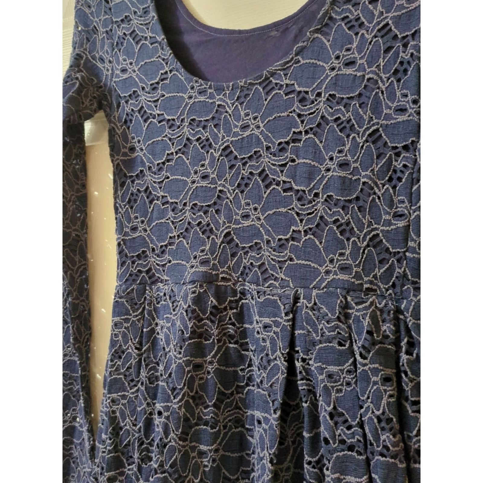 Free People Free People Womans XS Long Sleeve Mini Dress Navy Blue Lace Boho Chic Floral Pattern Dress, Bohemian, Regular, Short, Women, Fall Spring Summer, XS Size XS / US 0-2 / IT 36-38 - 3 Thumbnail