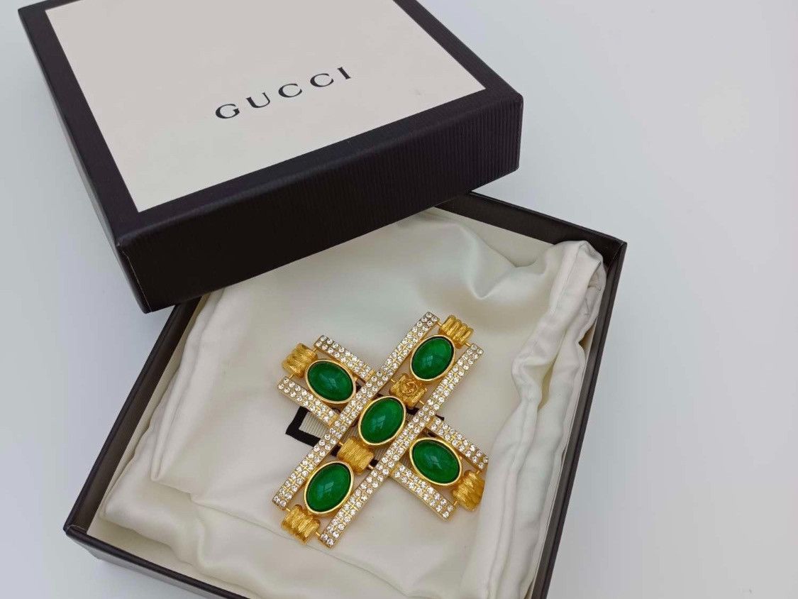 Gucci RARE Gold & Green Cabochon Stone Cross Brooch Size ONE SIZE - 12 Thumbnail