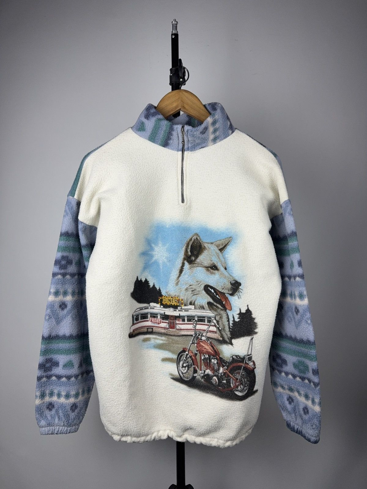Vintage Retro 90s Vintage Wolf Chopper Fleece Quarter Zip Pullover Size US L / EU 52-54 / 3 - 1 Thumbnail