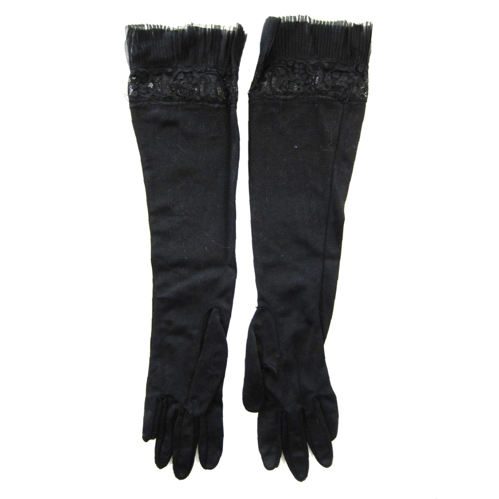 Vintage VINTAGE Black Pleated Lace Tight Fitted Long Party Cocktail Women Glove S- Size ONE SIZE - 2 Thumbnail