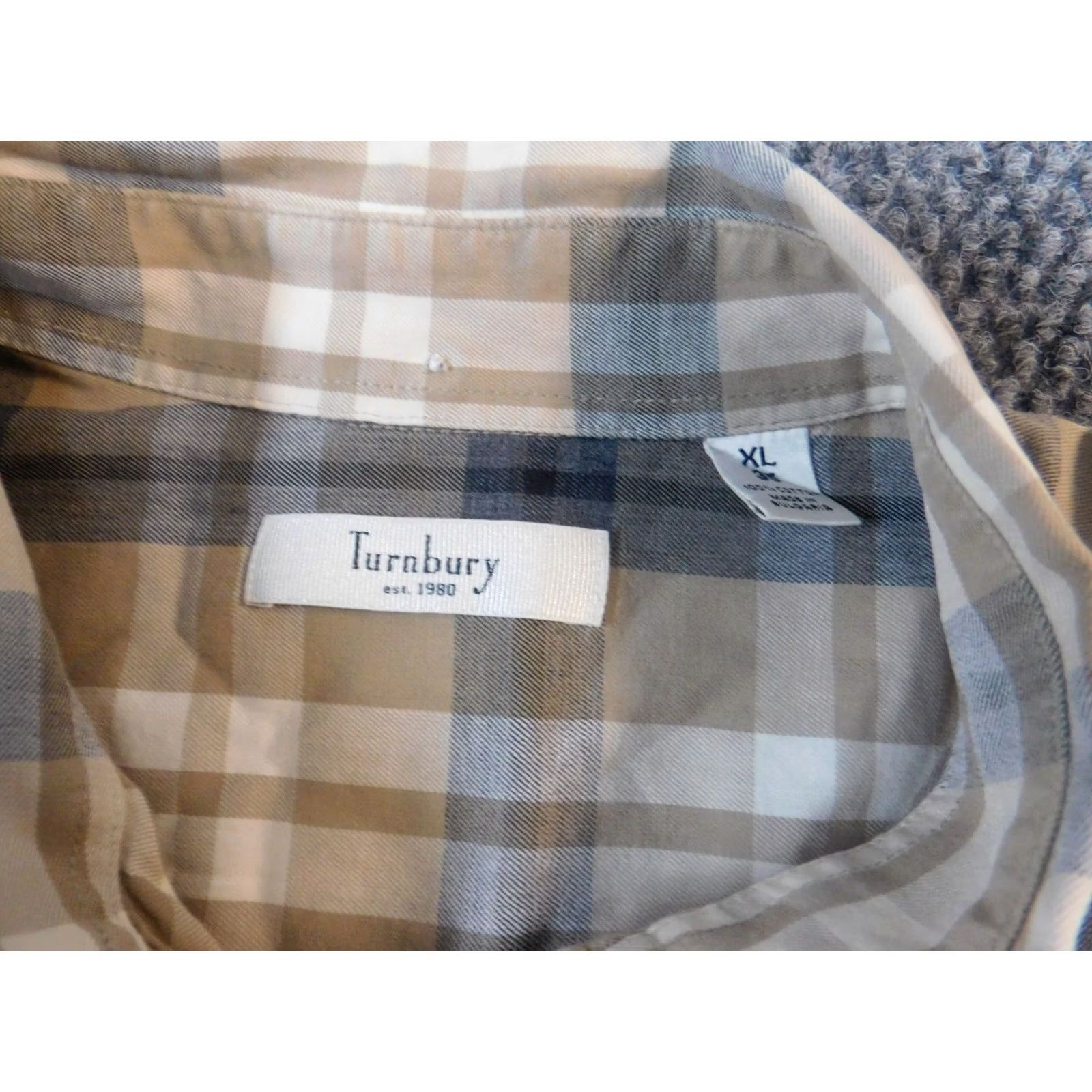 Vintage Turnbury Mens Shirt XL Beige Plaid Button-Down Collared Long Sleeve Knit Cotton Linen Button Up Easy Breathable Modern Size US XL / EU 56 / 4 - 7 Thumbnail