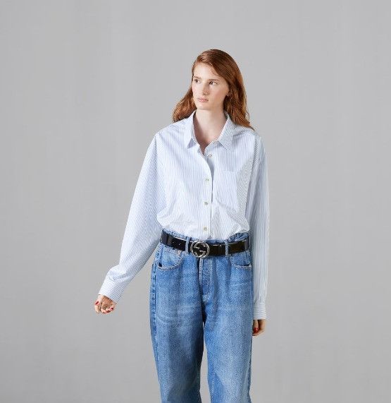 Gucci o1la5ras0526 Striped Cotton Shirt With Embroidery in Blue Size L / US 10 / IT 46 - 2 Thumbnail
