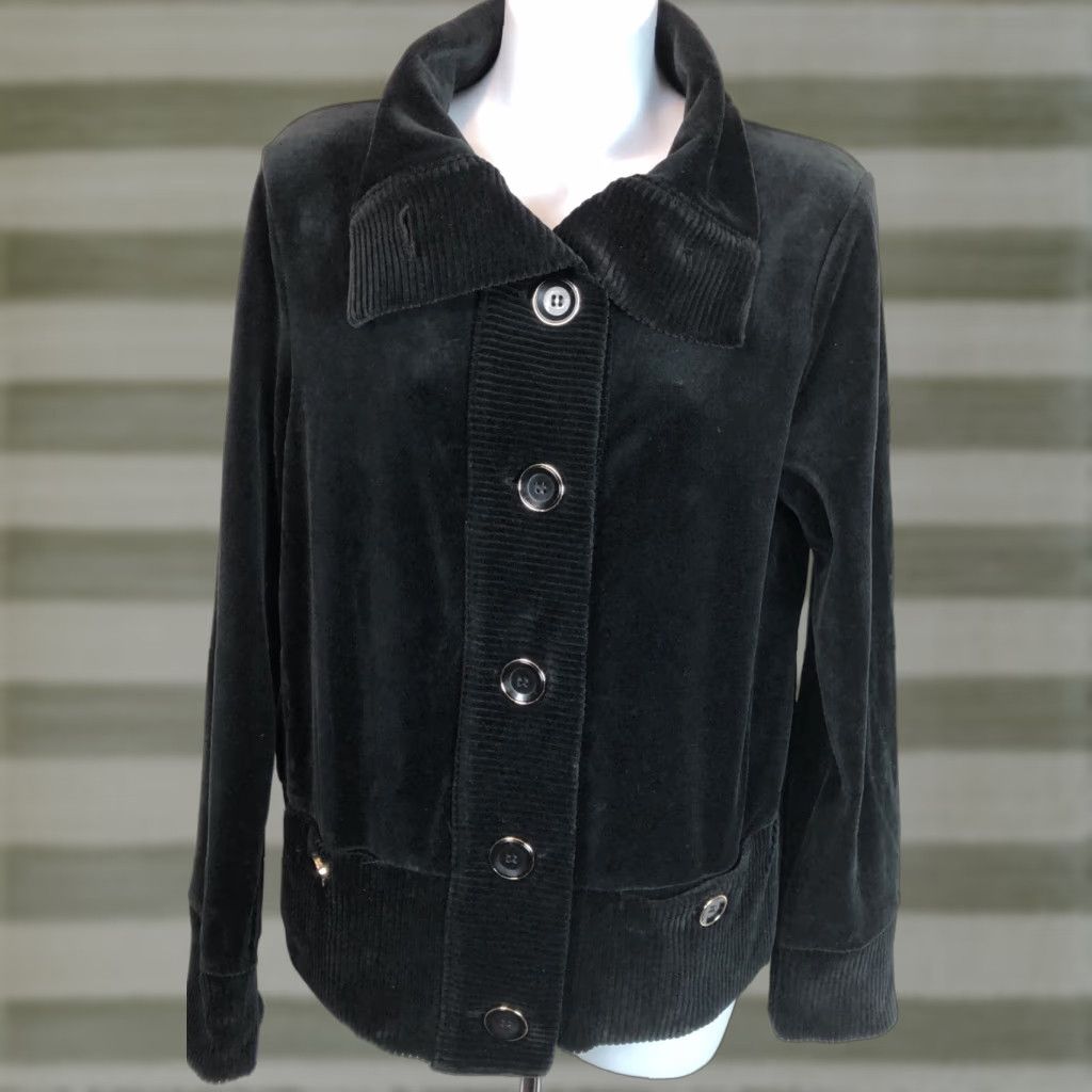 Jones New York Jones NY Jacket M Black Velour Button Front Convertible Collar Front Pockets Womens Cardigan Jacket Velour Black M Size M / US 6-8 / IT 42-44 - 1 Thumbnail