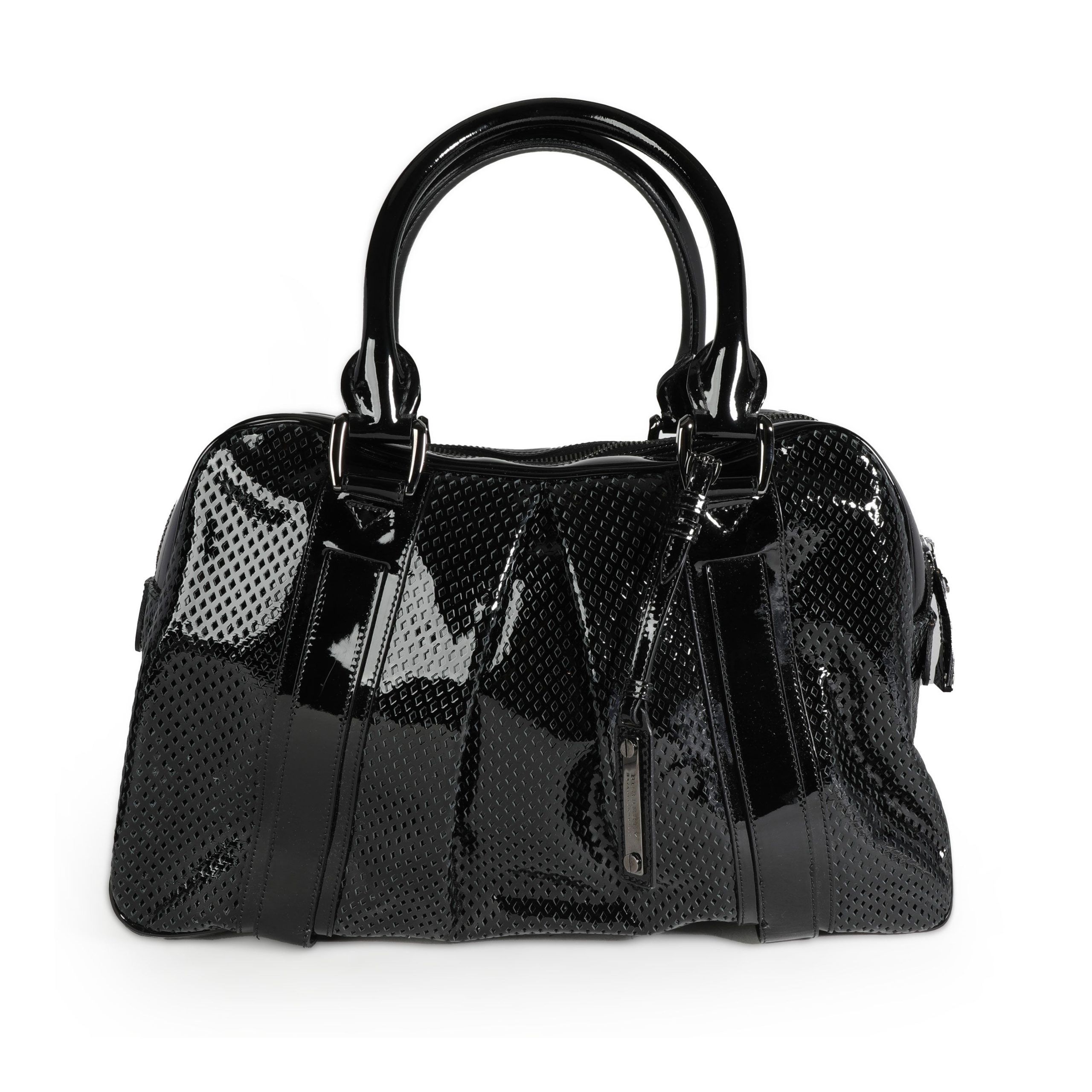 image of Burberry Black Perforated Patent Leather Oversized Double Zip Boston Bag, Women's