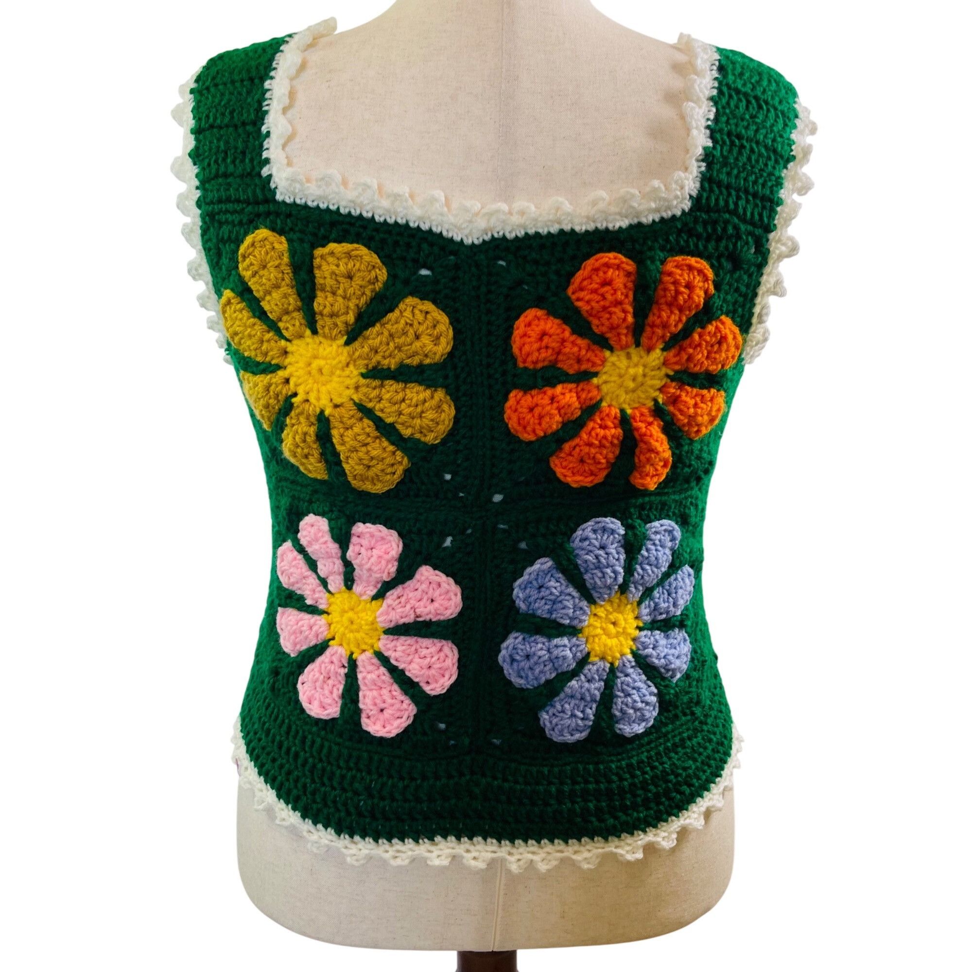 Handmade Crochet Vest Tank Top Retro 70's Hippie Flower Power Rib Tic Size ONE SIZE - 1 Thumbnail